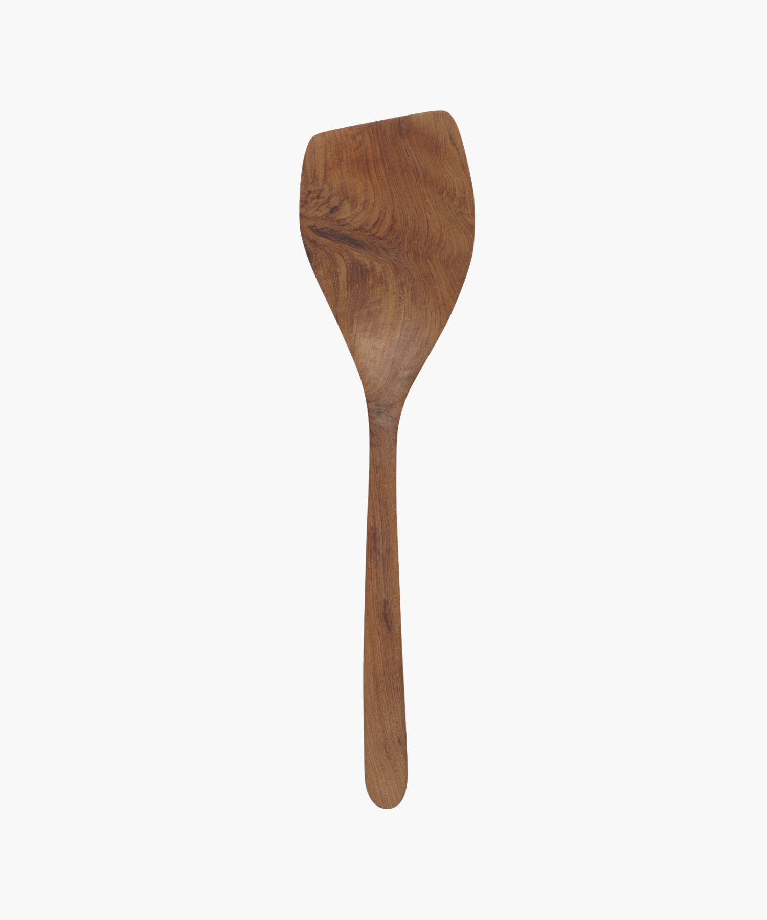 A wooden spatula with a smooth, curved handle and a wide, flat head, showcasing the natural wood grain. The tone is warm and earthy.