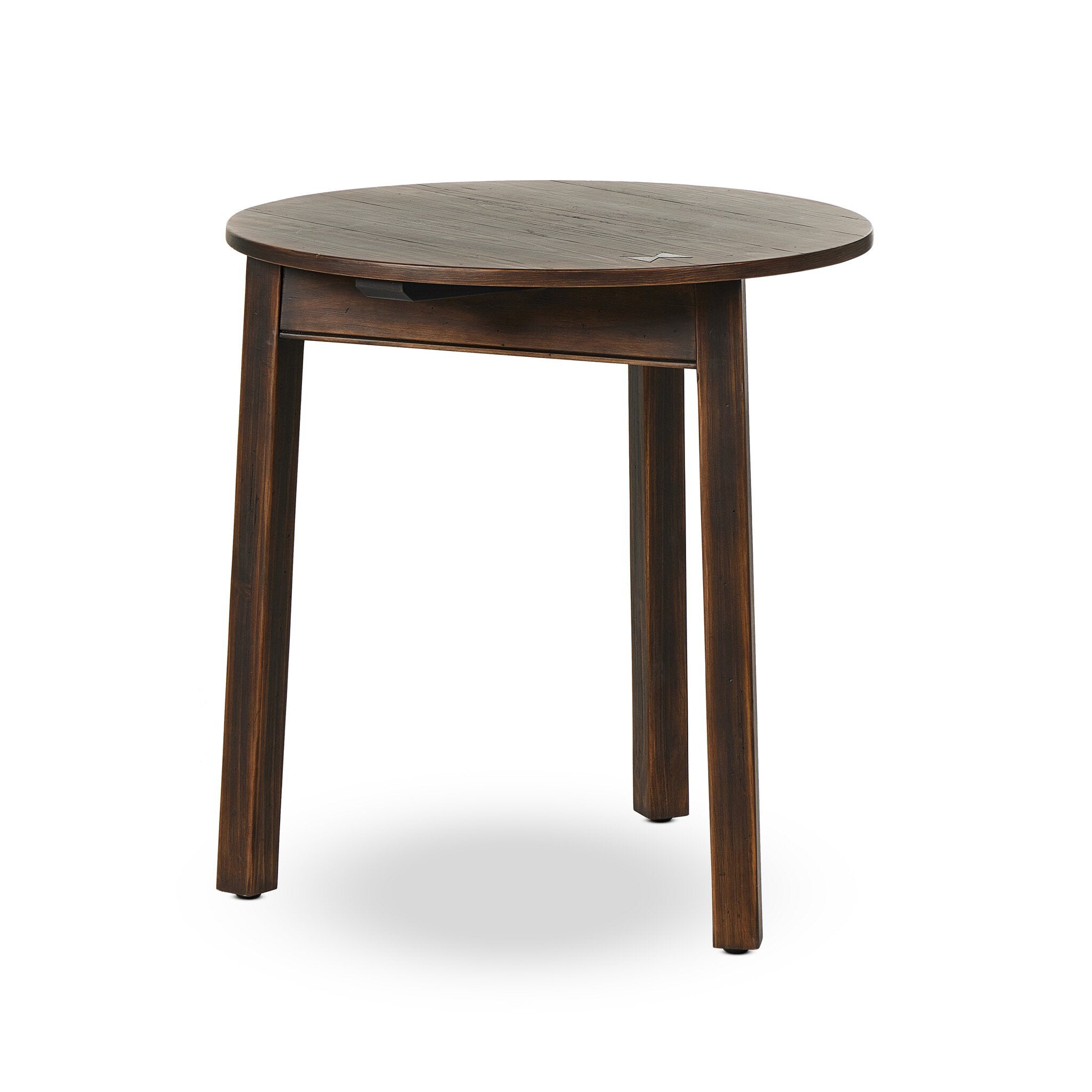 Antique inspired three-legged end table made of brown-finished pine on a white background.