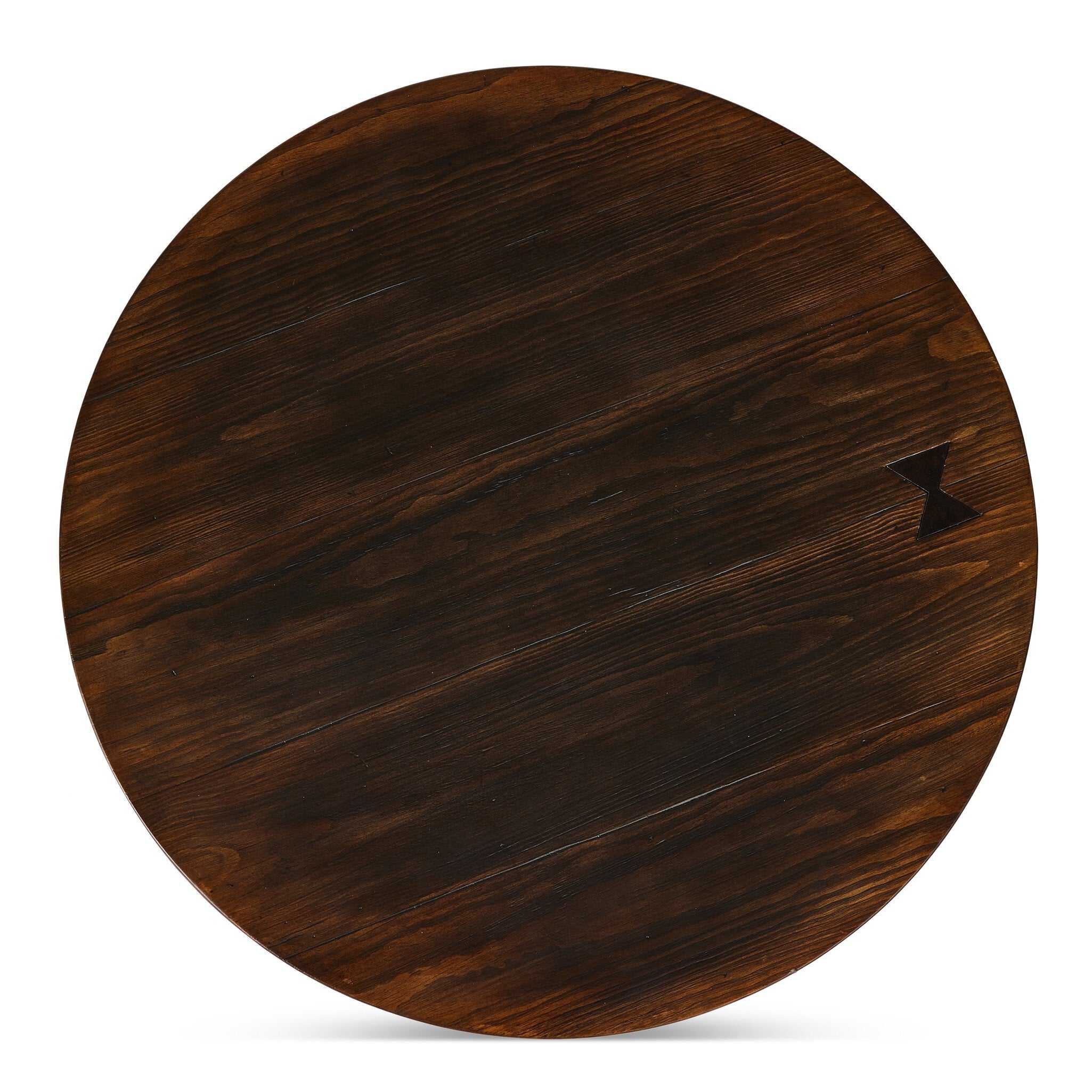 Overhead view of an antique inspired three-legged end table made of brown-finished pine on a white background.