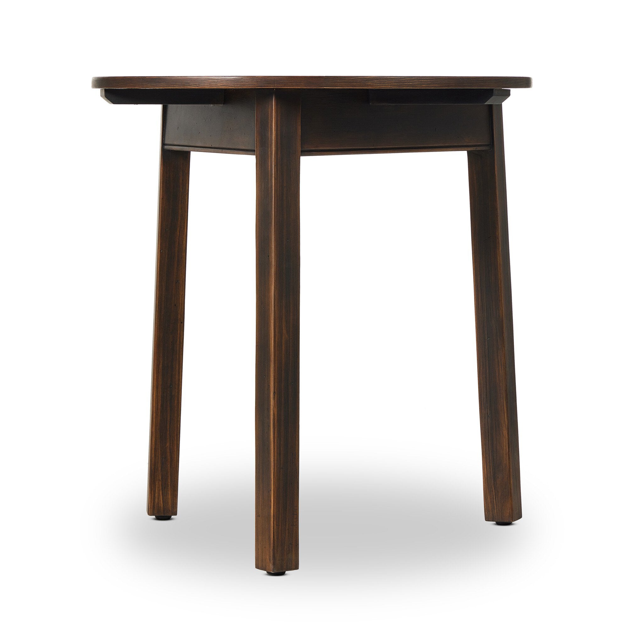 Antique inspired three-legged end table made of brown-finished pine on a white background.