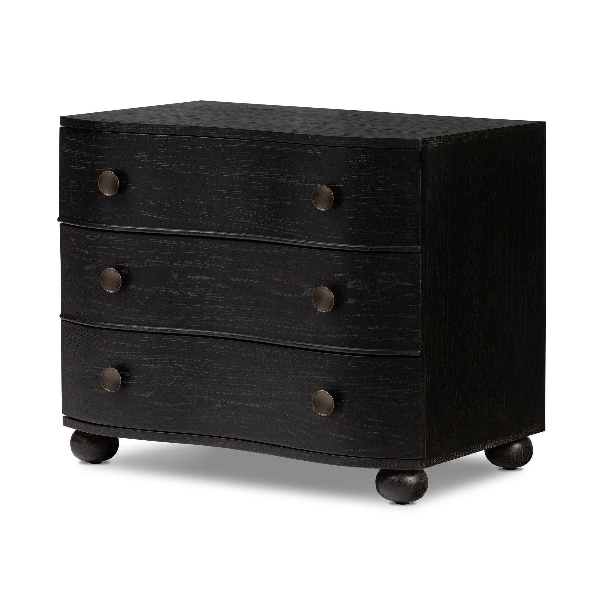 Dark wood dresser with three drawers and round knobs on a white background.