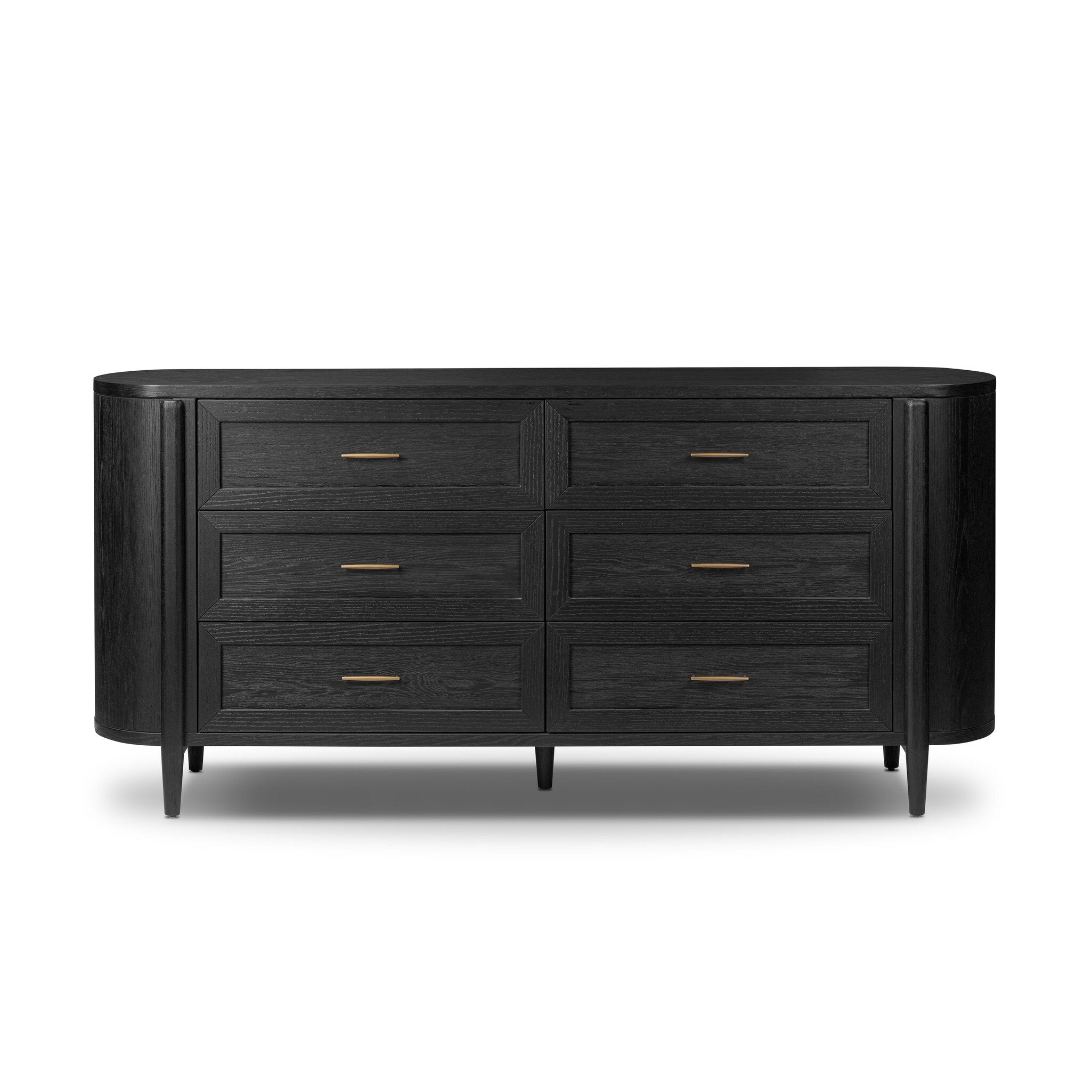 Curved black dresser with brass handles on a white background.