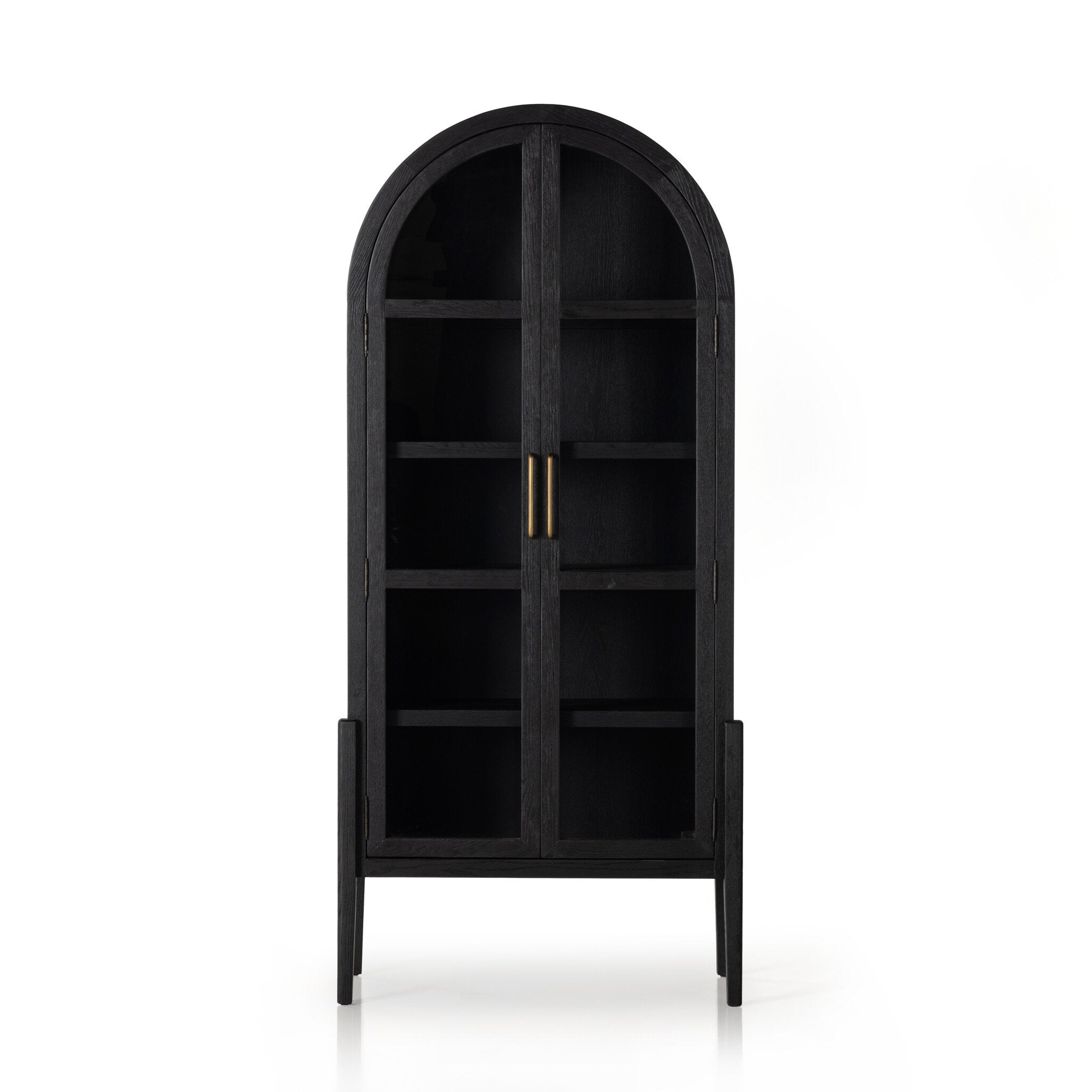 Black-finished solid oak cabinet with an arched top and glass doors.