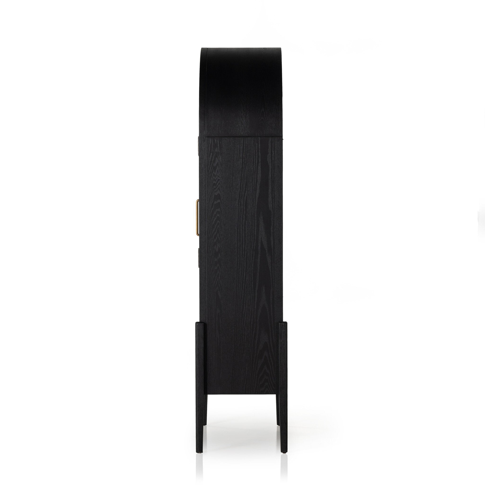 Side profile of a black-finished solid oak cabinet with an arched top and glass doors.