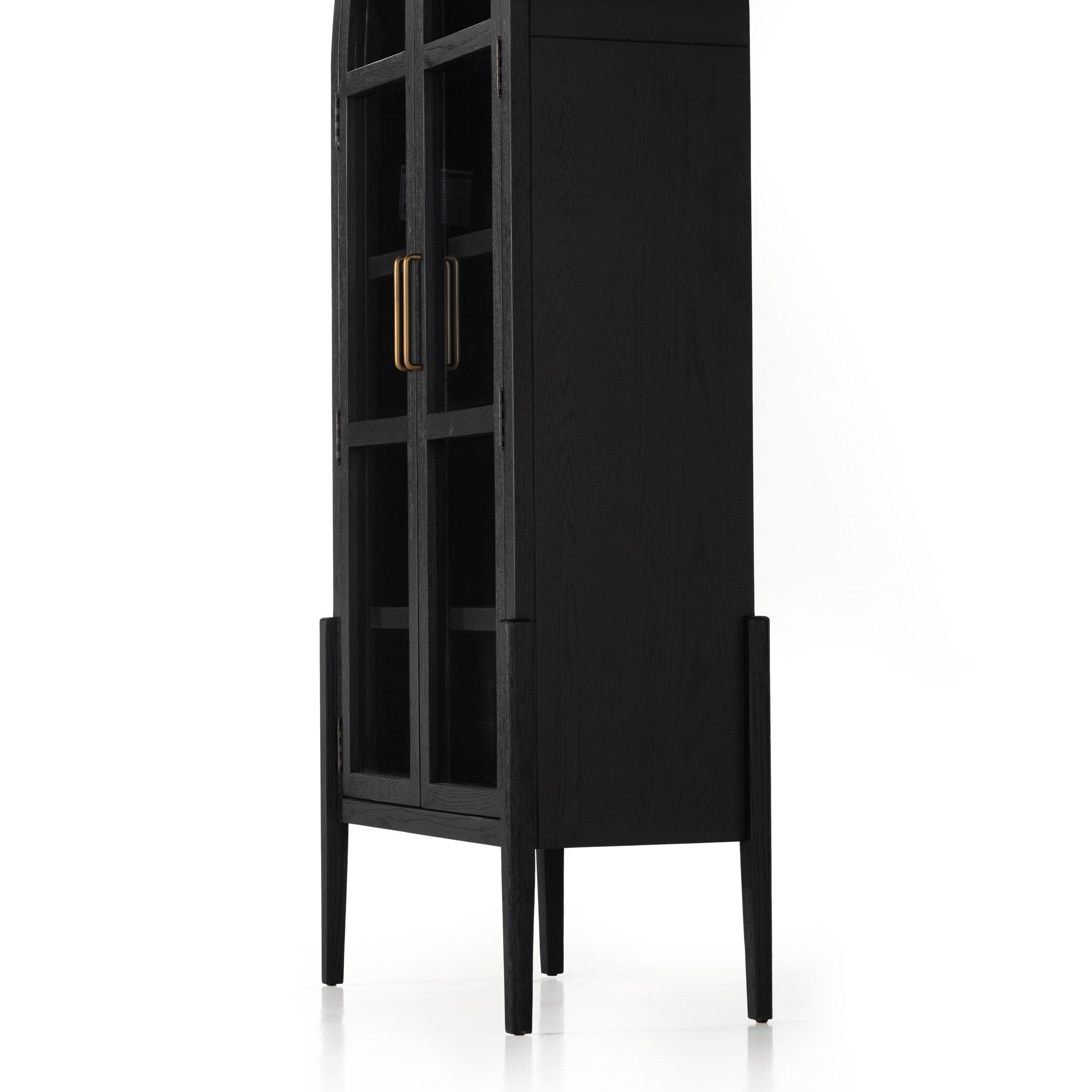 Black-finished solid oak cabinet with an arched top and glass doors.