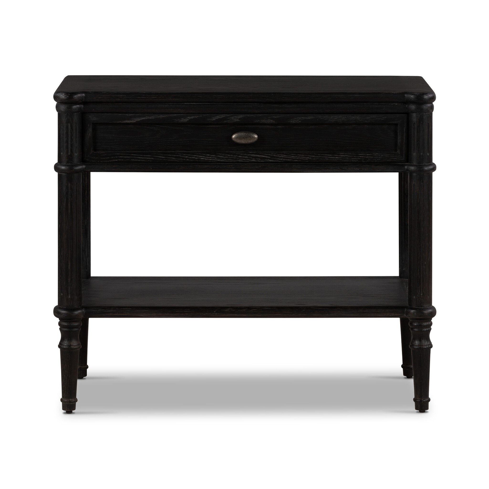 Distressed black oak nightstand with a drawer and a shelf on a white background.