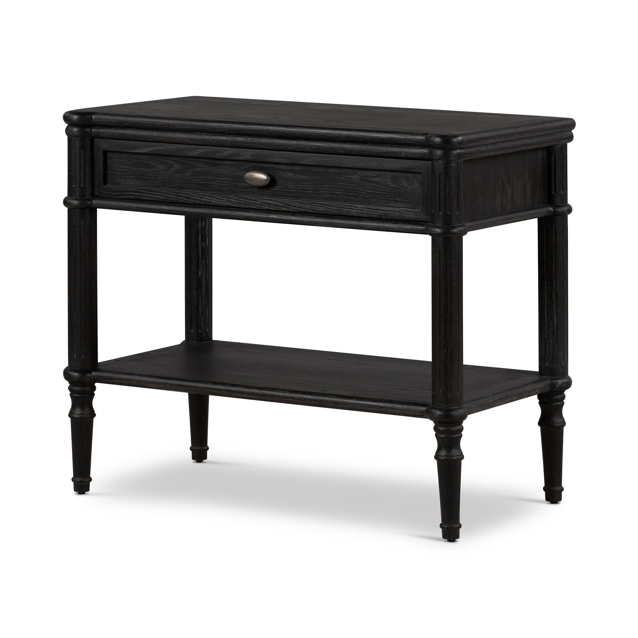 Distressed black oak nightstand with a drawer and a shelf on a white background.