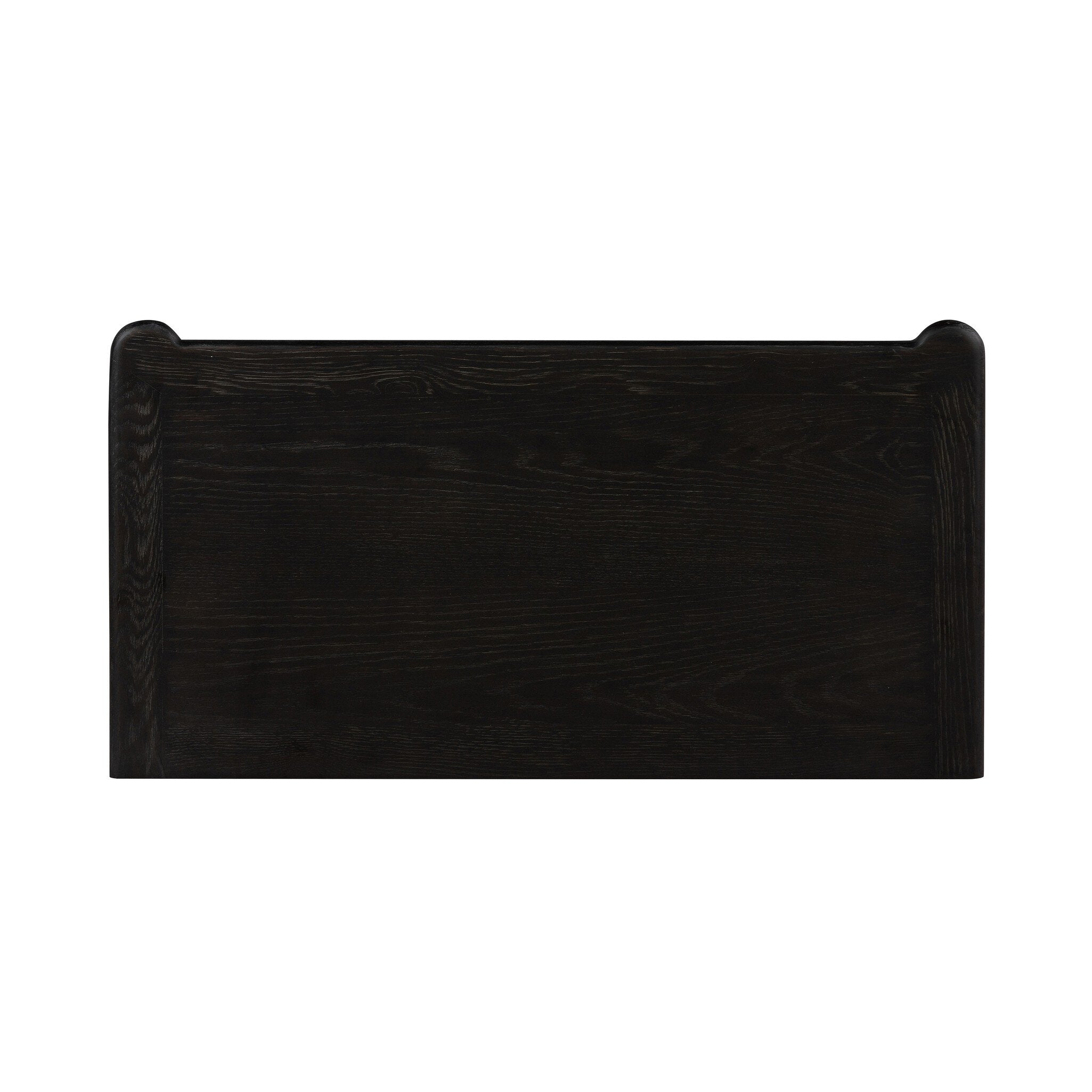 Overhead view of a distressed black oak nightstand with a drawer and a shelf on a white background.