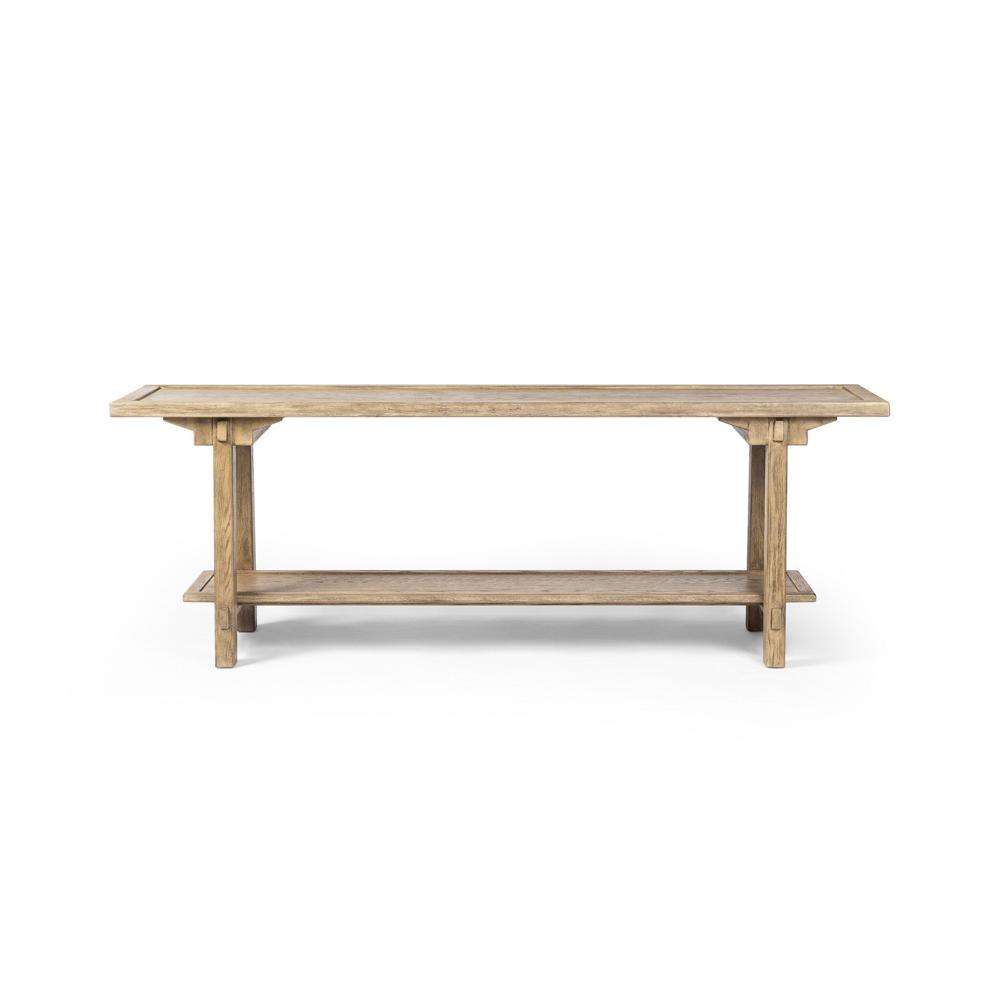 Wooden console table with a lower shelf on a white background.