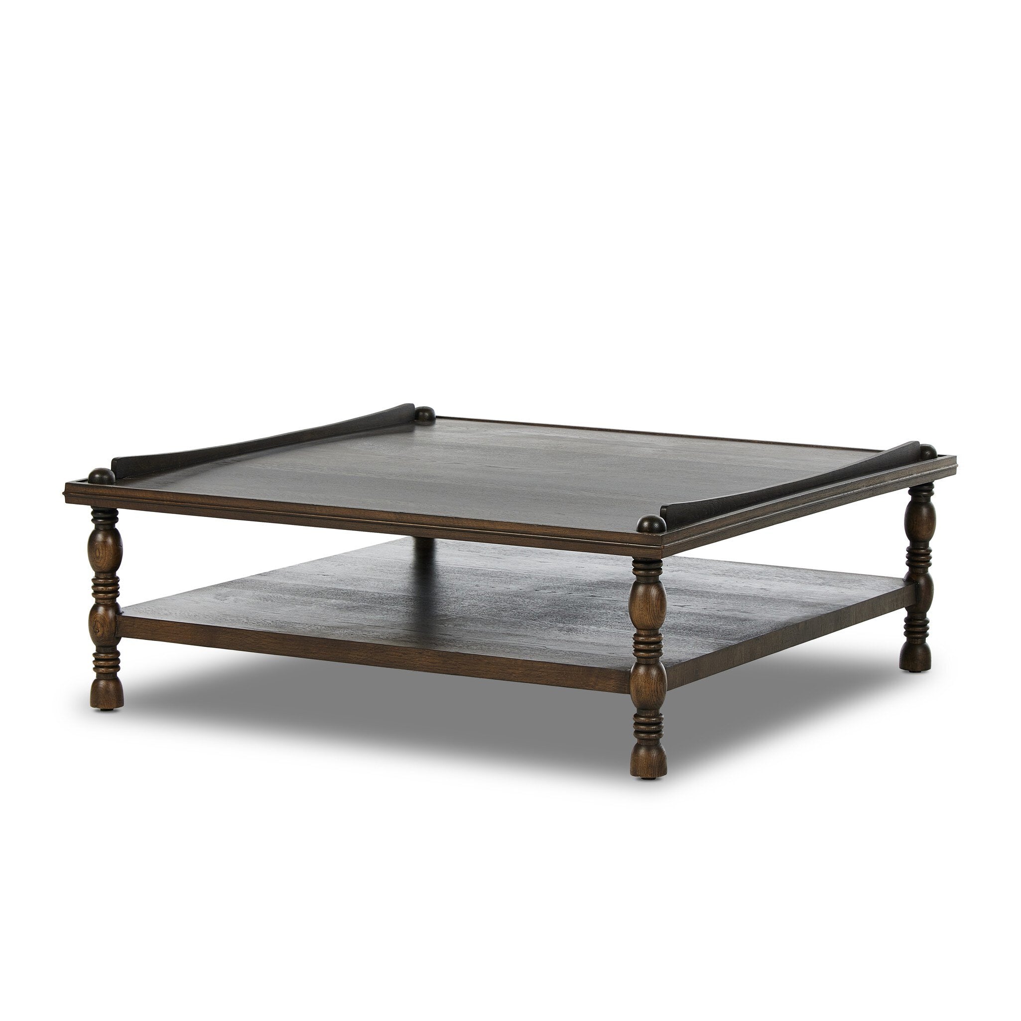 Wooden coffee table with two levels on a white background