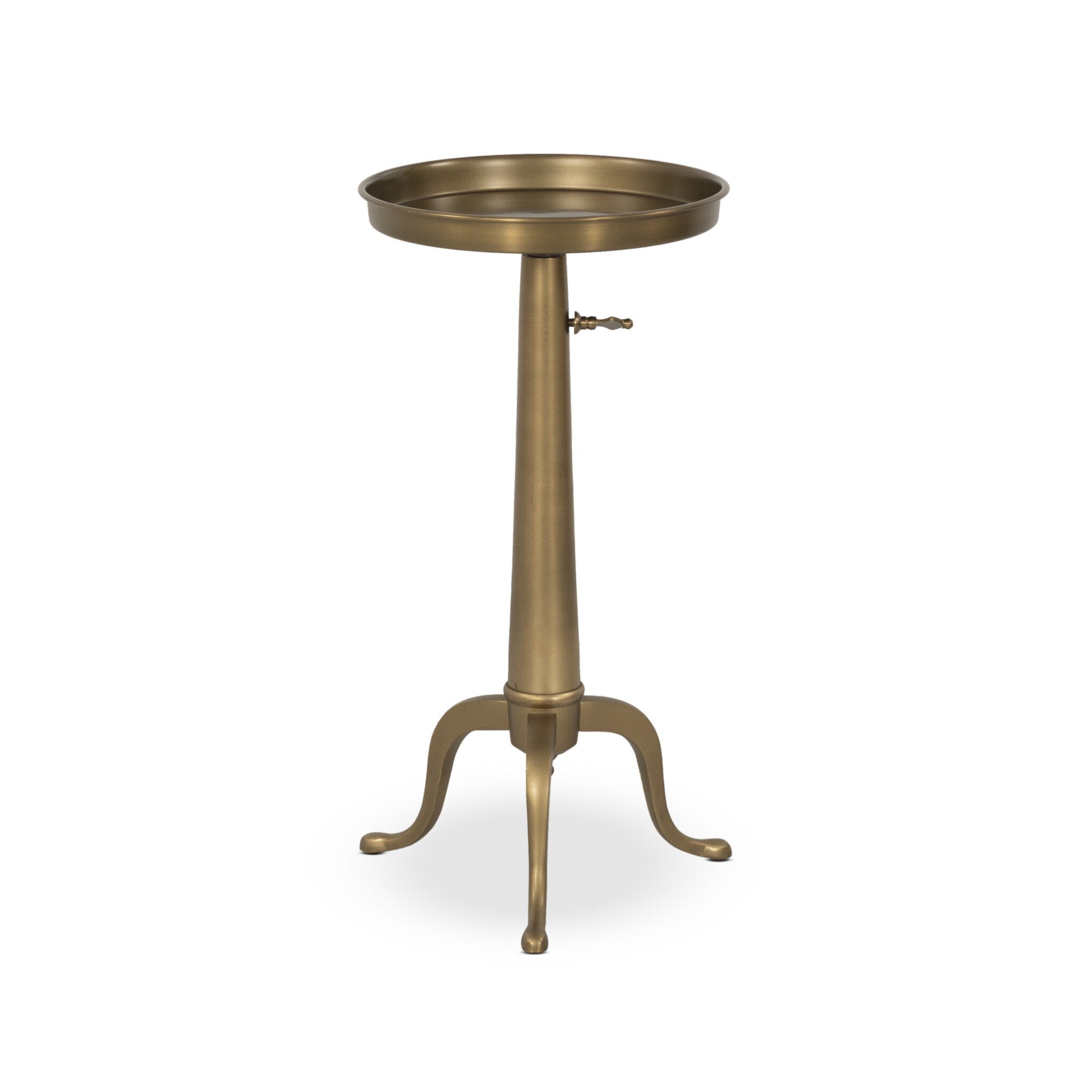 Solid brass end table with a dark matte finish with a telescope post and tray style top on a white background.