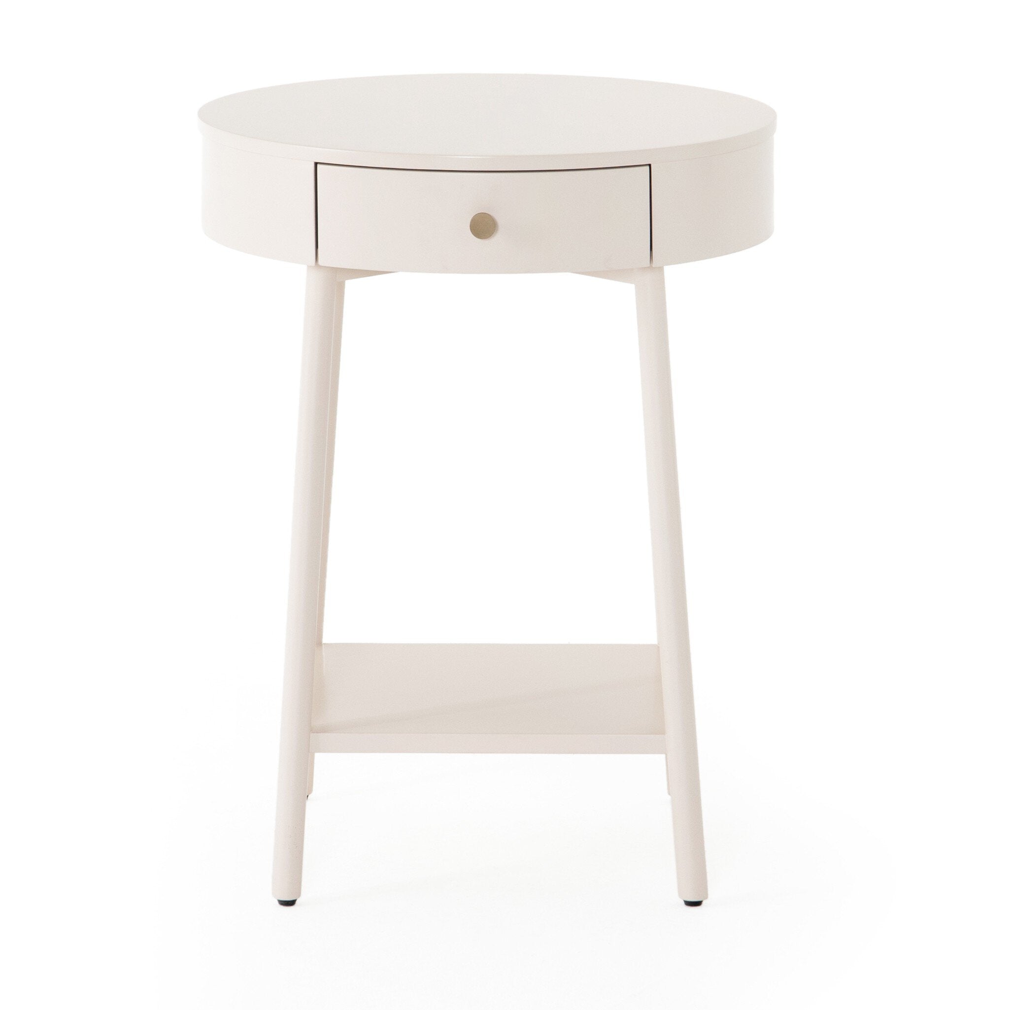 White nightstand with a drawer on a white background.
