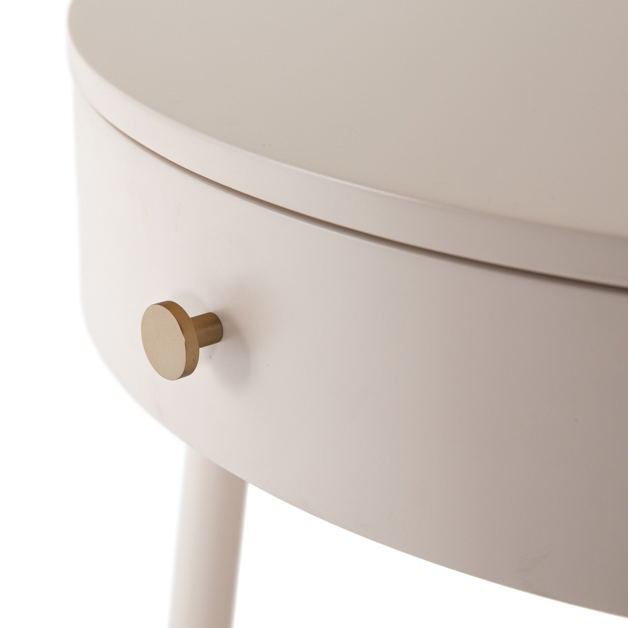 A close up of a white nightstand with a drawer on a white background.