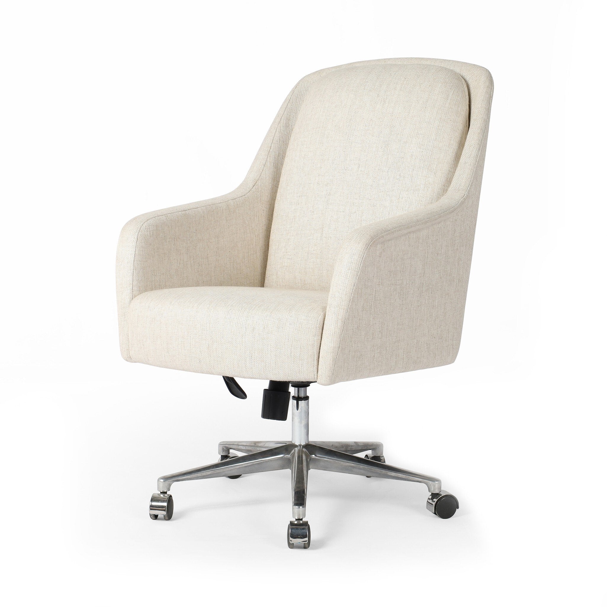 Ivory upholstered desk chair with a chrome base on a white background.