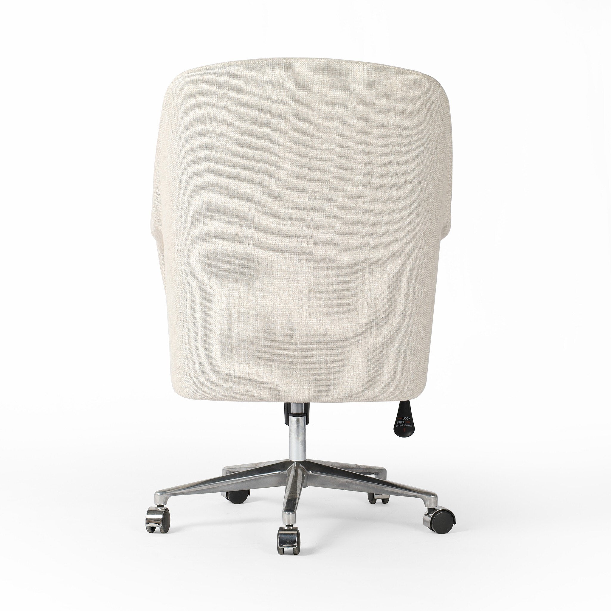 The back of an ivory upholstered desk chair with a chrome base on a white background.