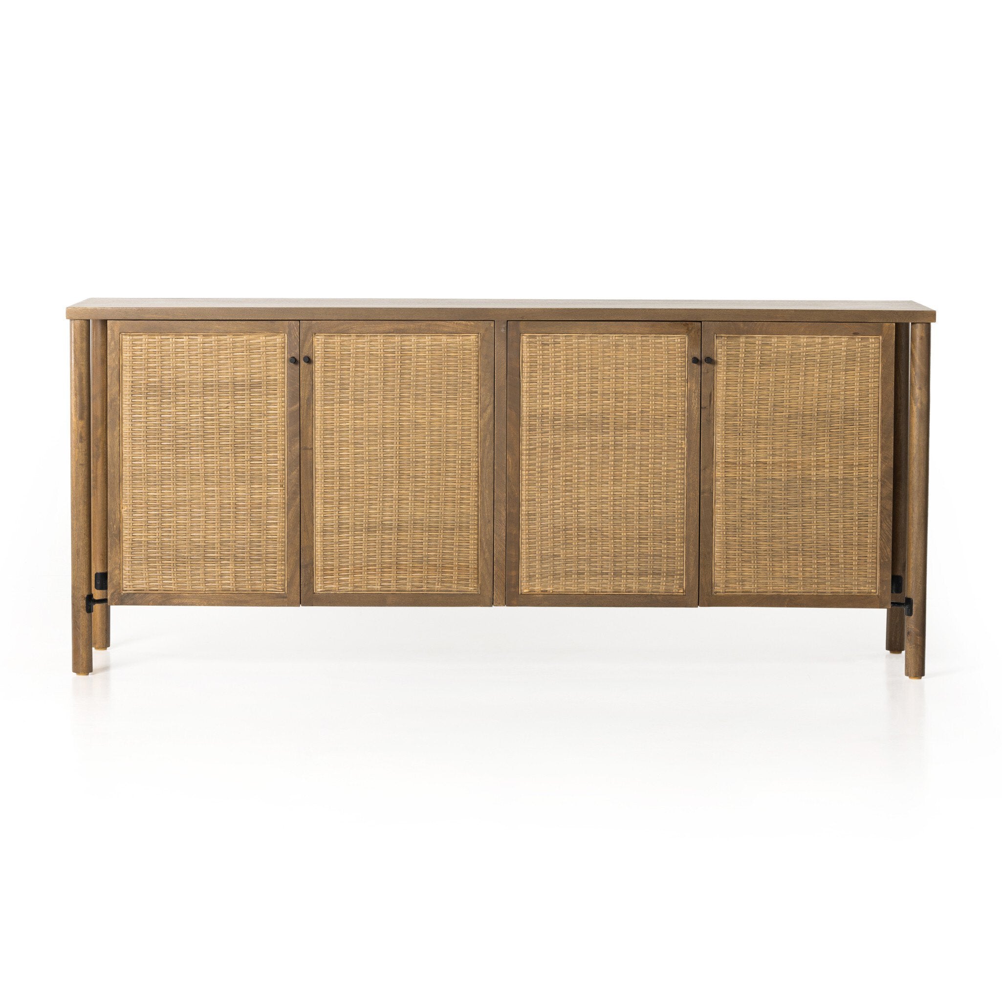 Wooden sideboard with rattan doors on a white background.