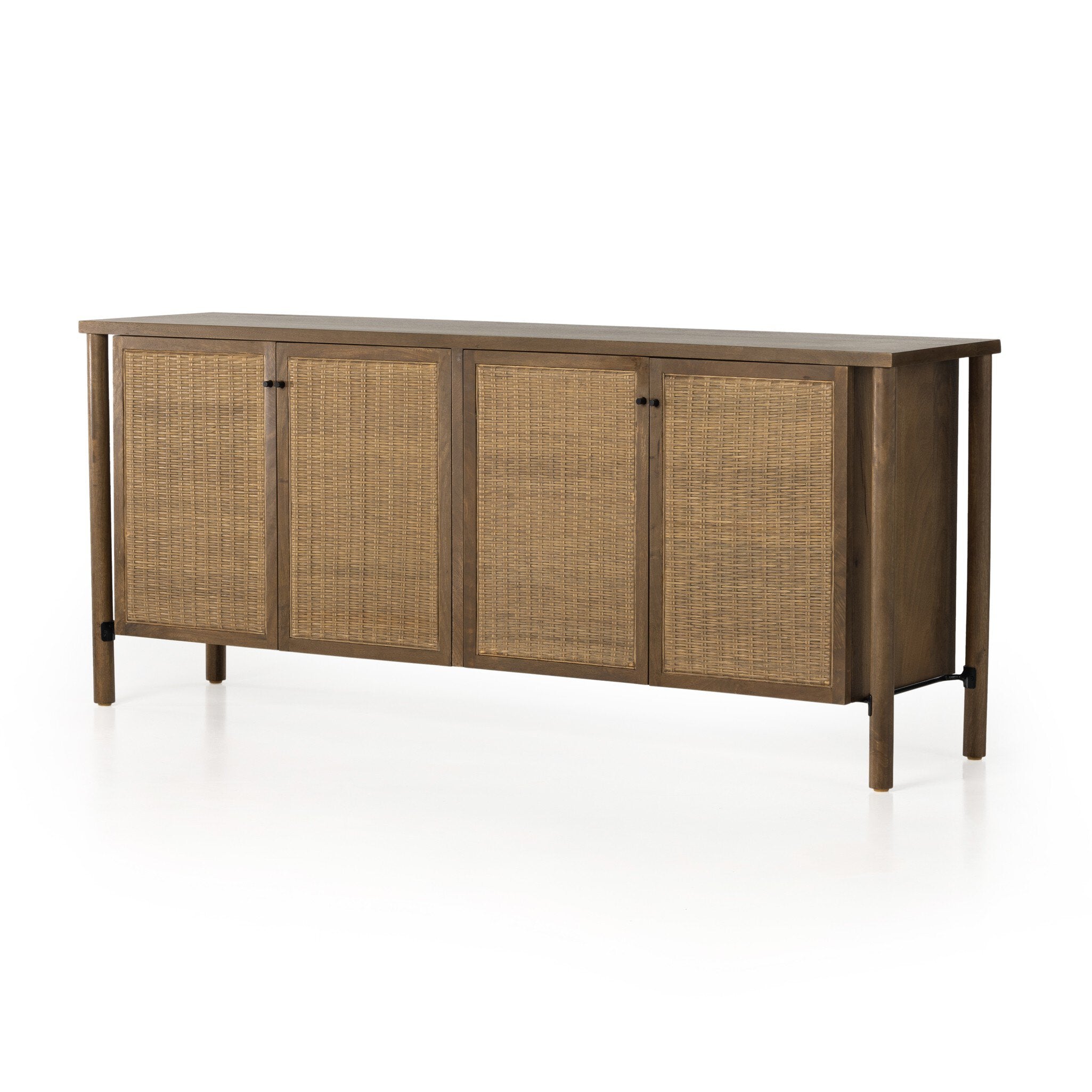 Wooden sideboard with rattan doors on a white background.