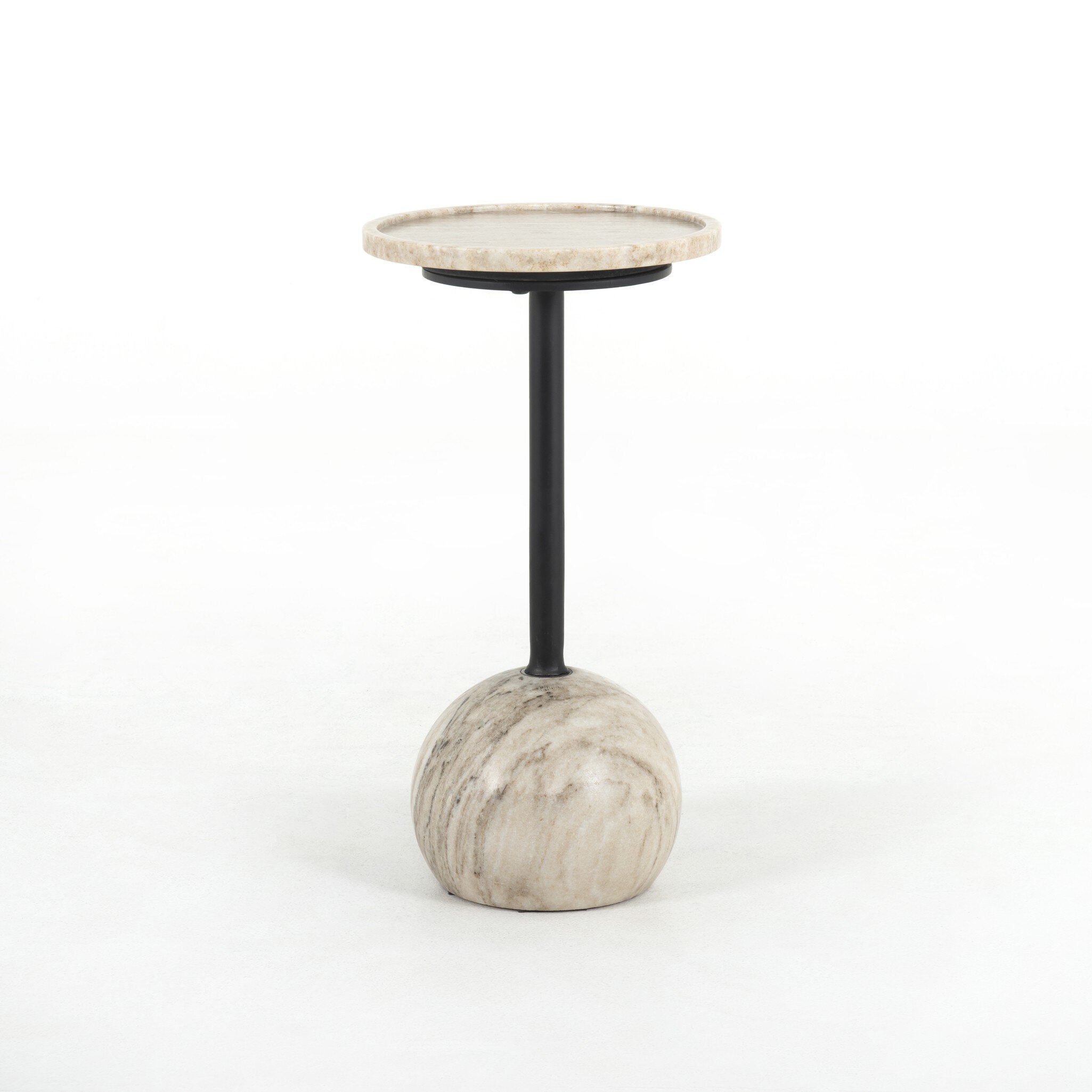 Accent table with marble base and round tray style top on a white background.