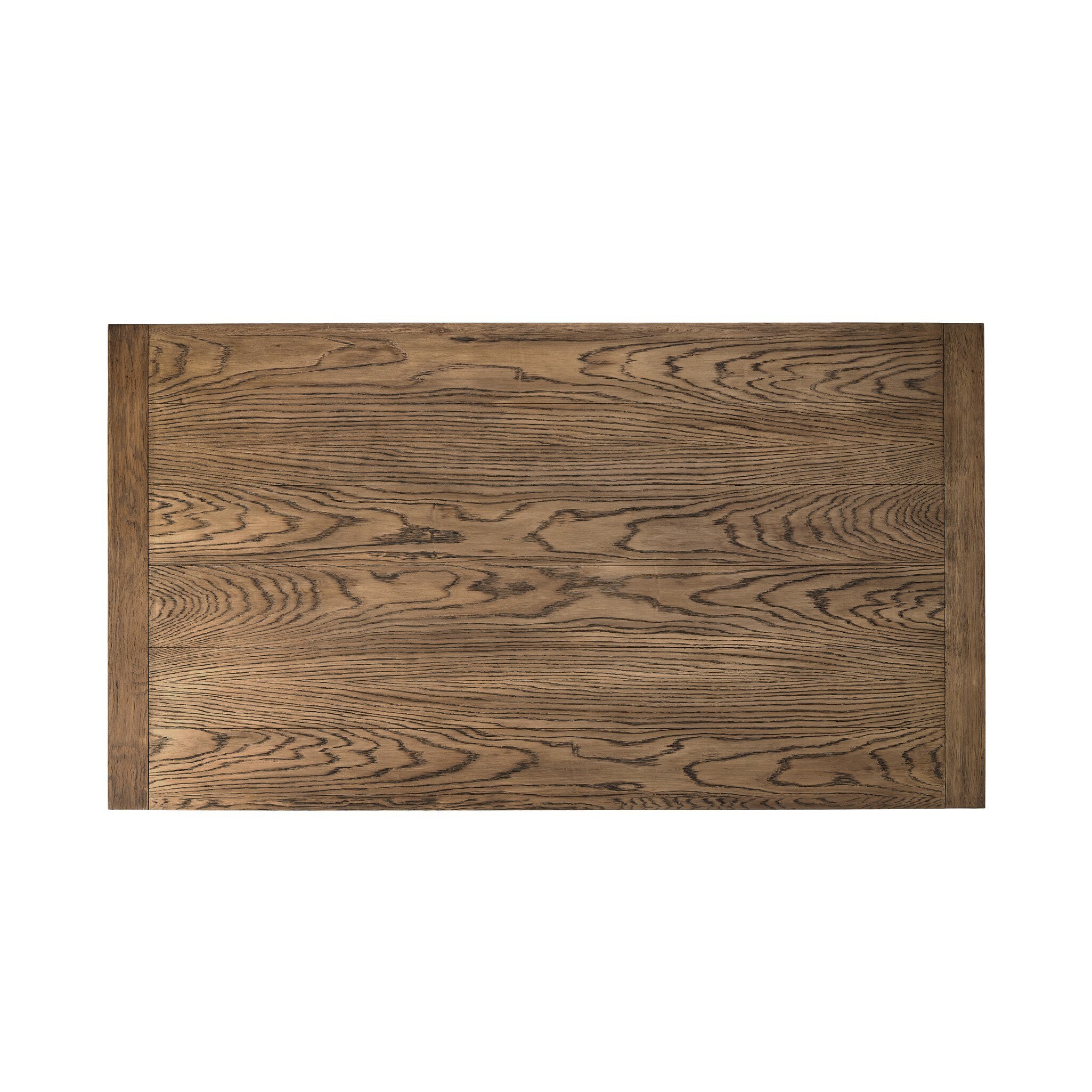 Overhead view of an oak coffee table on a white background.