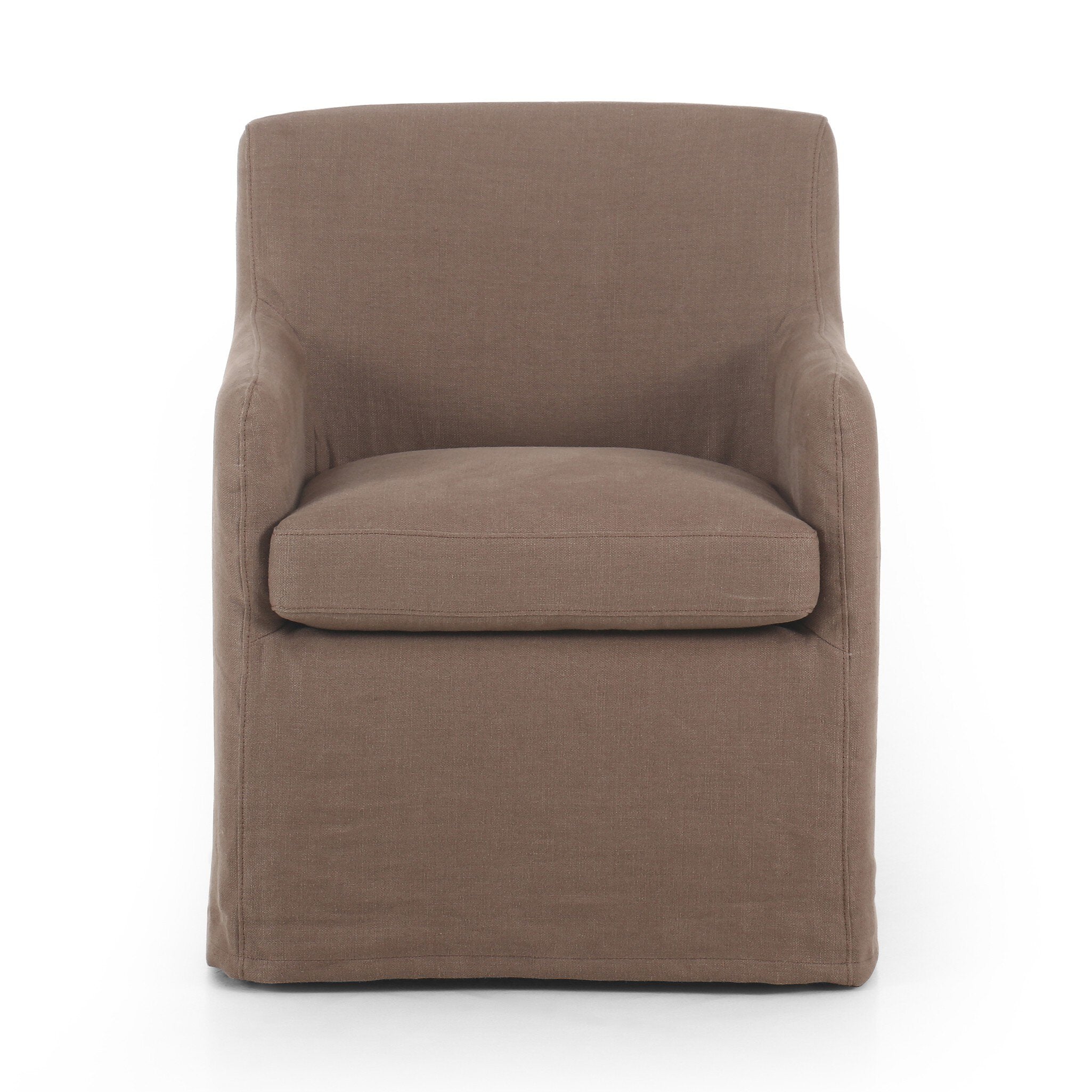 Slipcovered dining chair in an earthy mushroom brown hue with rounded arms on a white background.