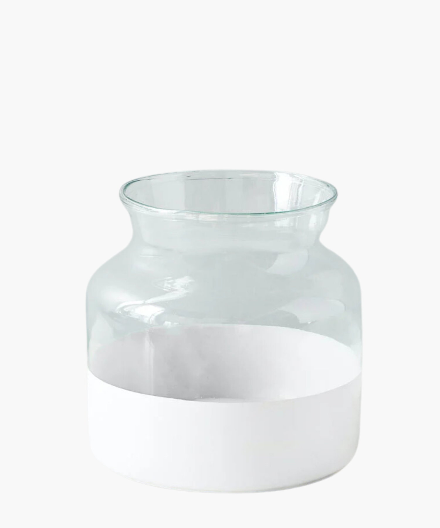 Clear glass vase with a wide mouth and rounded body. The upper part is transparent, while the lower half is painted in a glossy white. Minimalist and modern.