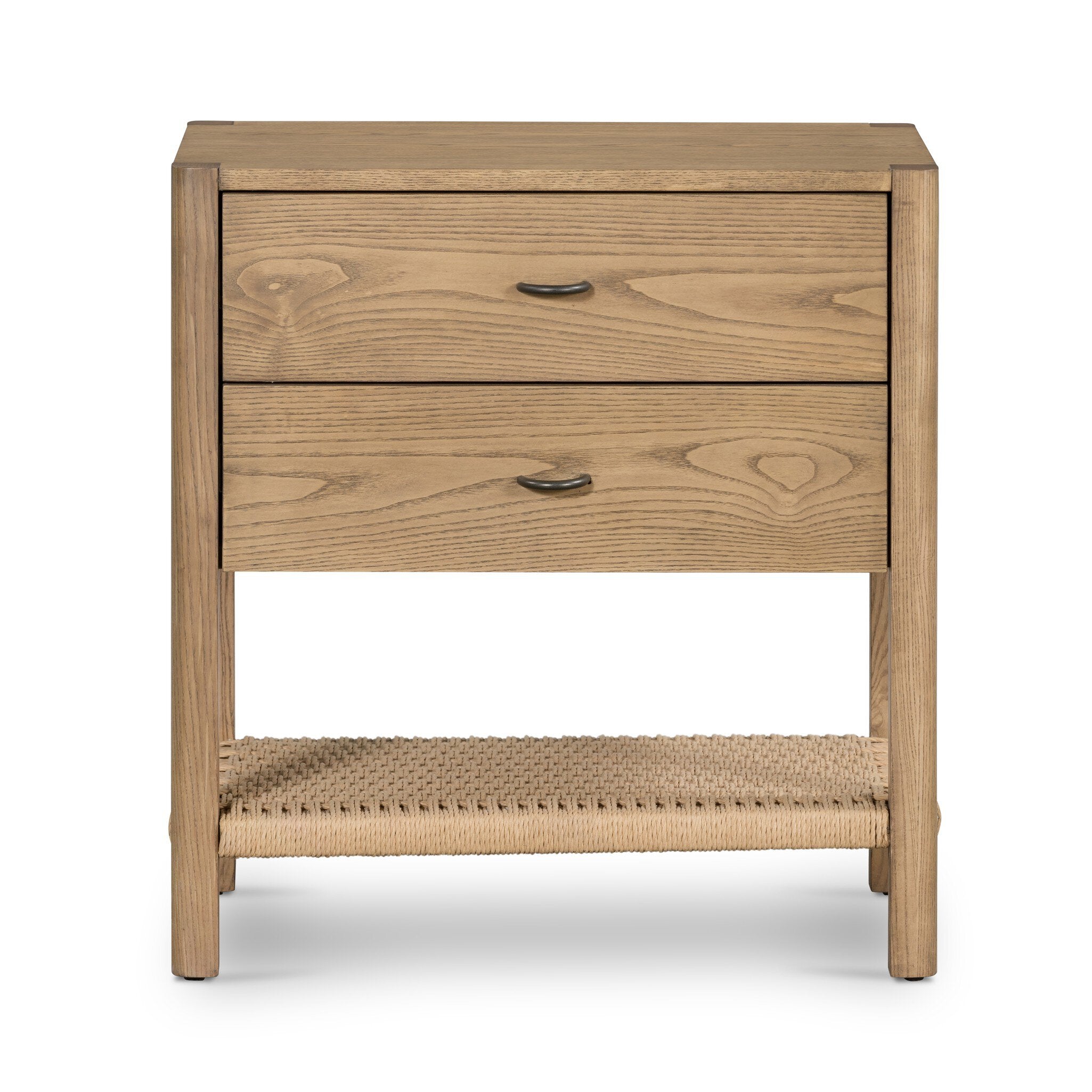 Wooden nightstand with two drawers and a woven shelf on a white background.