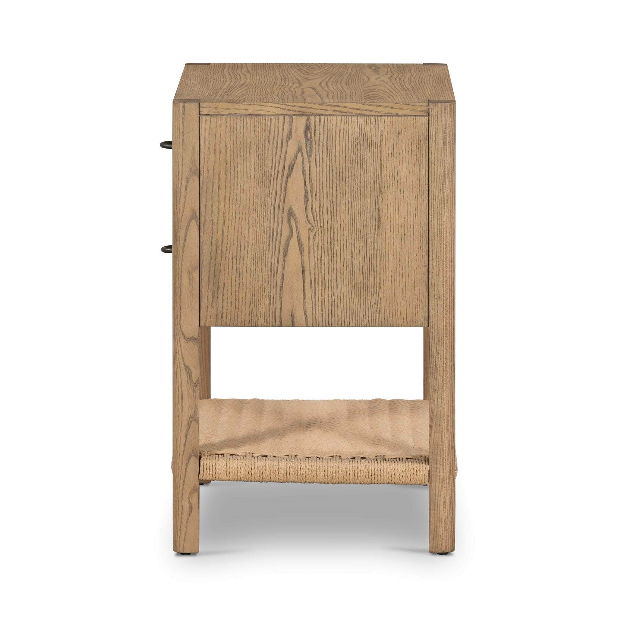 Side profile of a wooden nightstand with two drawers and a woven shelf on a white background.