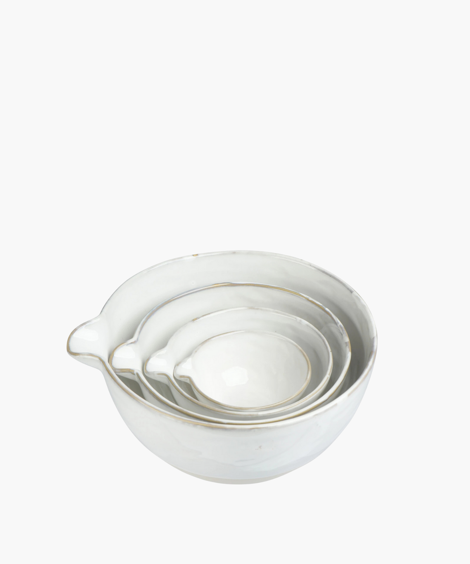 A set of four nested white ceramic bowls with subtle light grey accents, each equipped with a small pour spout, conveying elegance and simplicity.