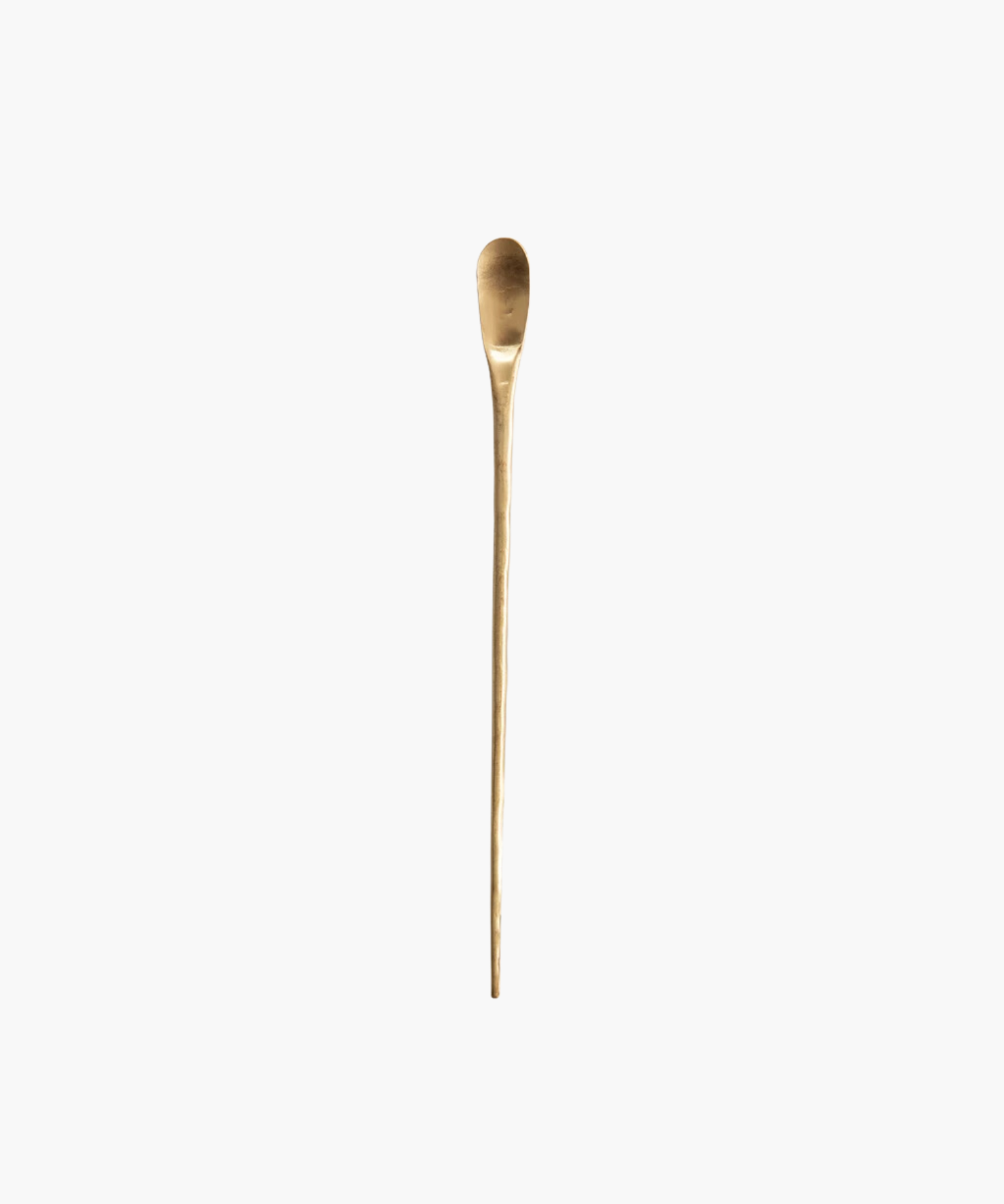 A long, elegant brass cocktail spoon with a smooth, rounded head and slender handle. It has a simplistic design and a polished, golden finish on a white background.