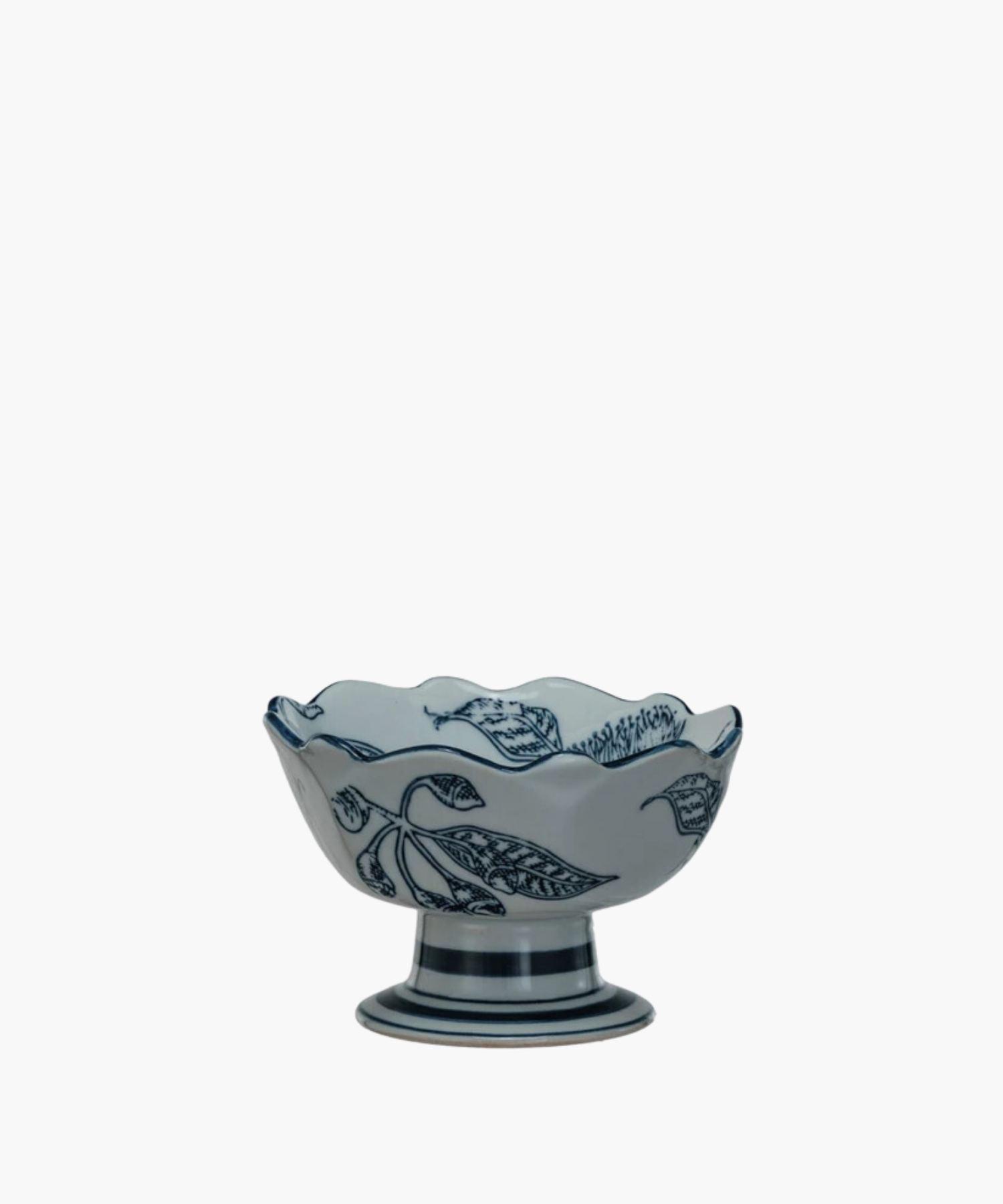 Elegant bowl with a wavy rim, decorated with intricate blue floral designs. The bowl rests on a sturdy pedestal base.