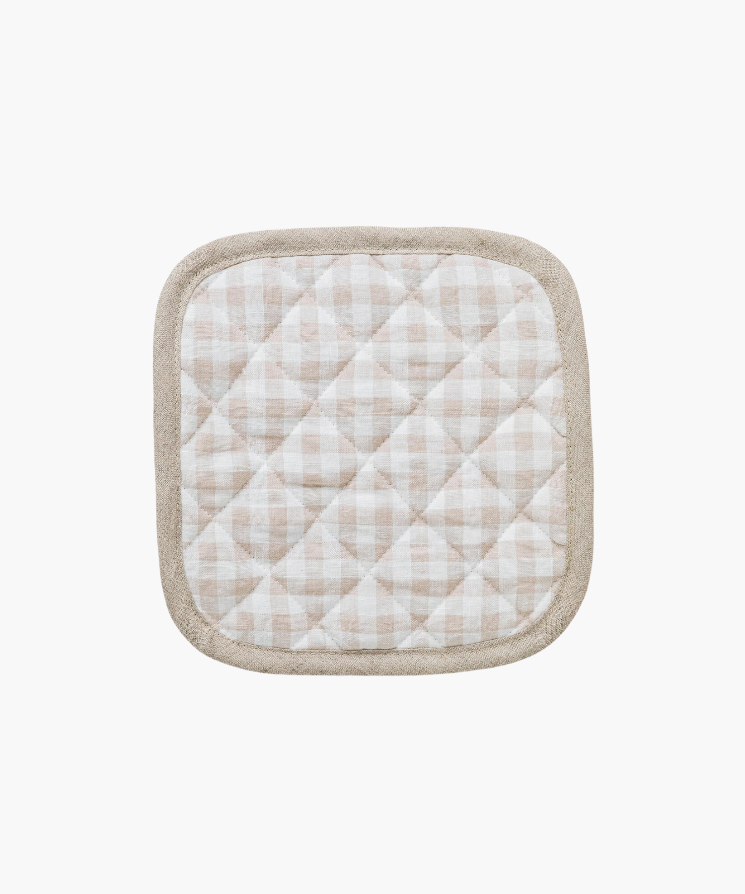 Quilted pot holder with a beige and white checkered pattern, framed by a light brown border. It has a soft, textured appearance, evoking coziness.