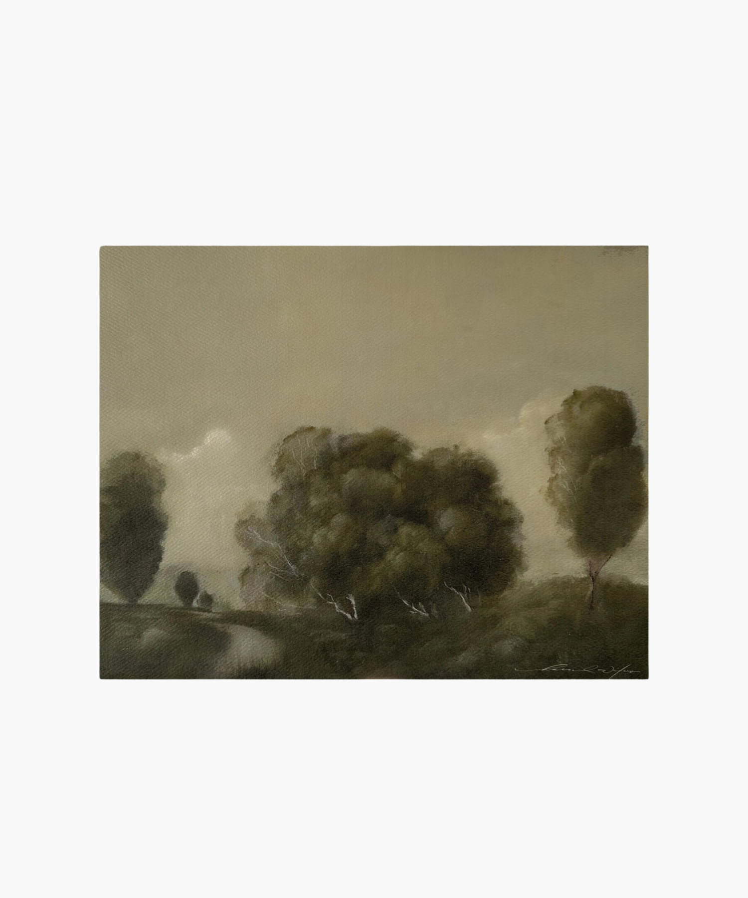 A giclee art reproduction of an original painting, featuring a landscape with trees and a sky.