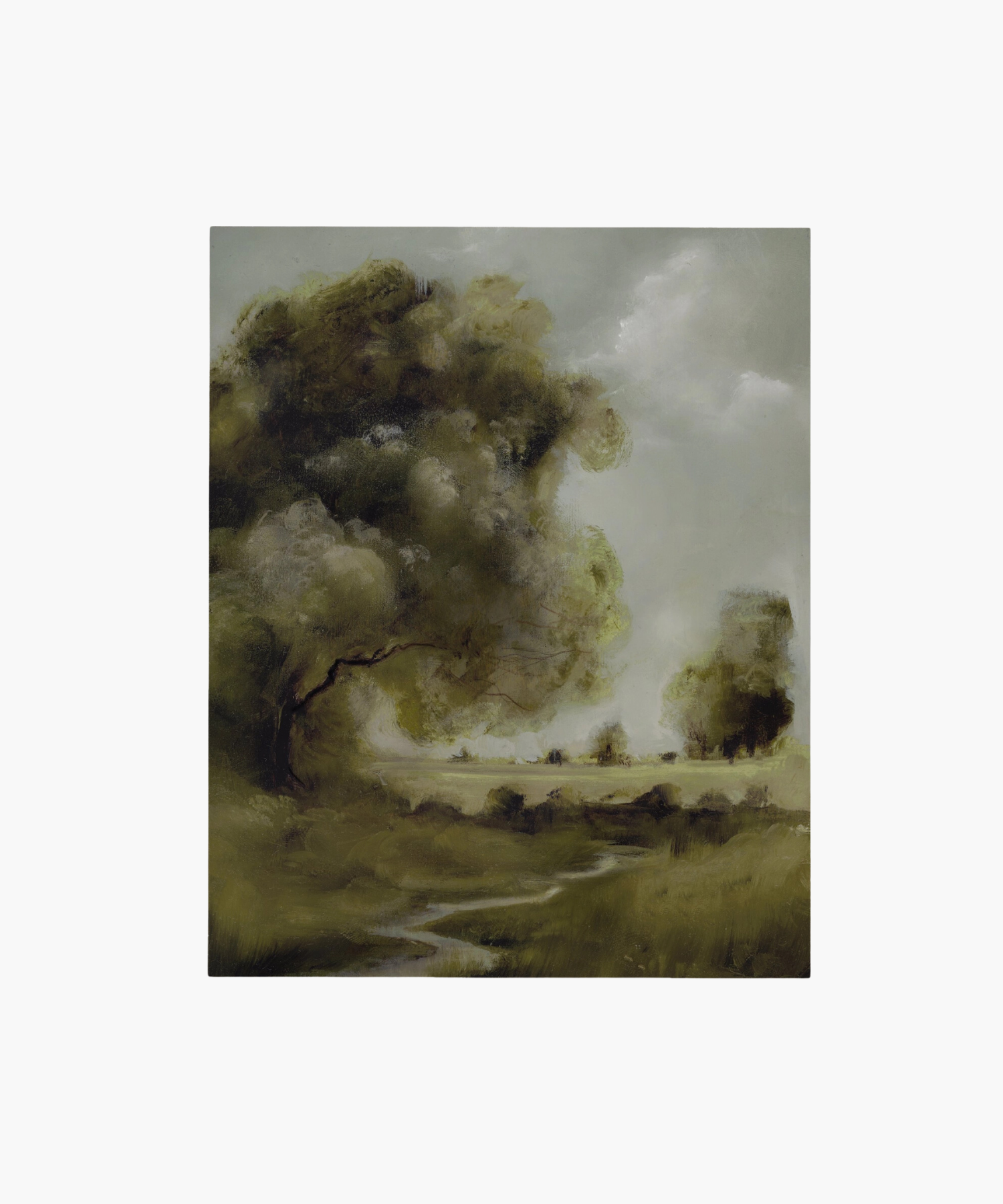 A serene landscape painting features a winding path through lush, green fields under a cloudy sky. Large trees frame the scene, conveying tranquility.