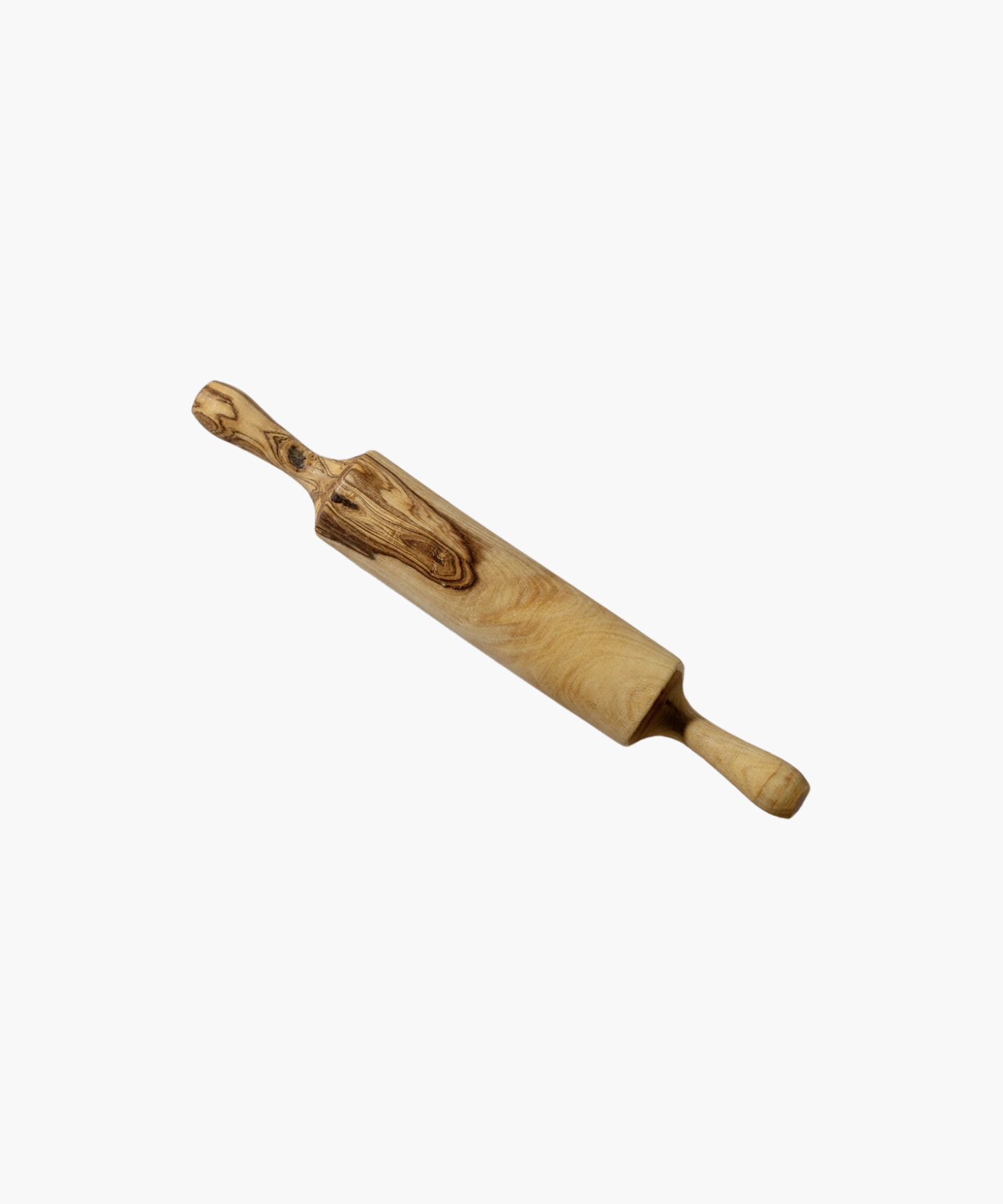 A wooden rolling pin with distinct dark grain patterns and smooth handles, set against a white background, conveying a rustic and natural aesthetic.