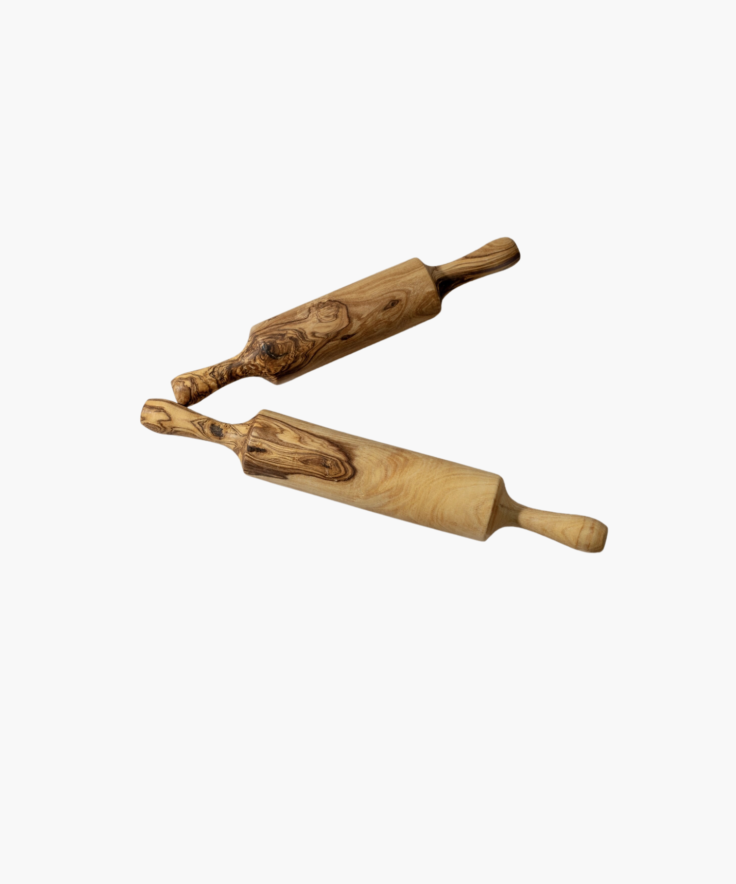 Two wooden rolling pins of different sizes with distinct dark grain patterns and smooth handles, set against a white background, conveying a rustic and natural aesthetic.