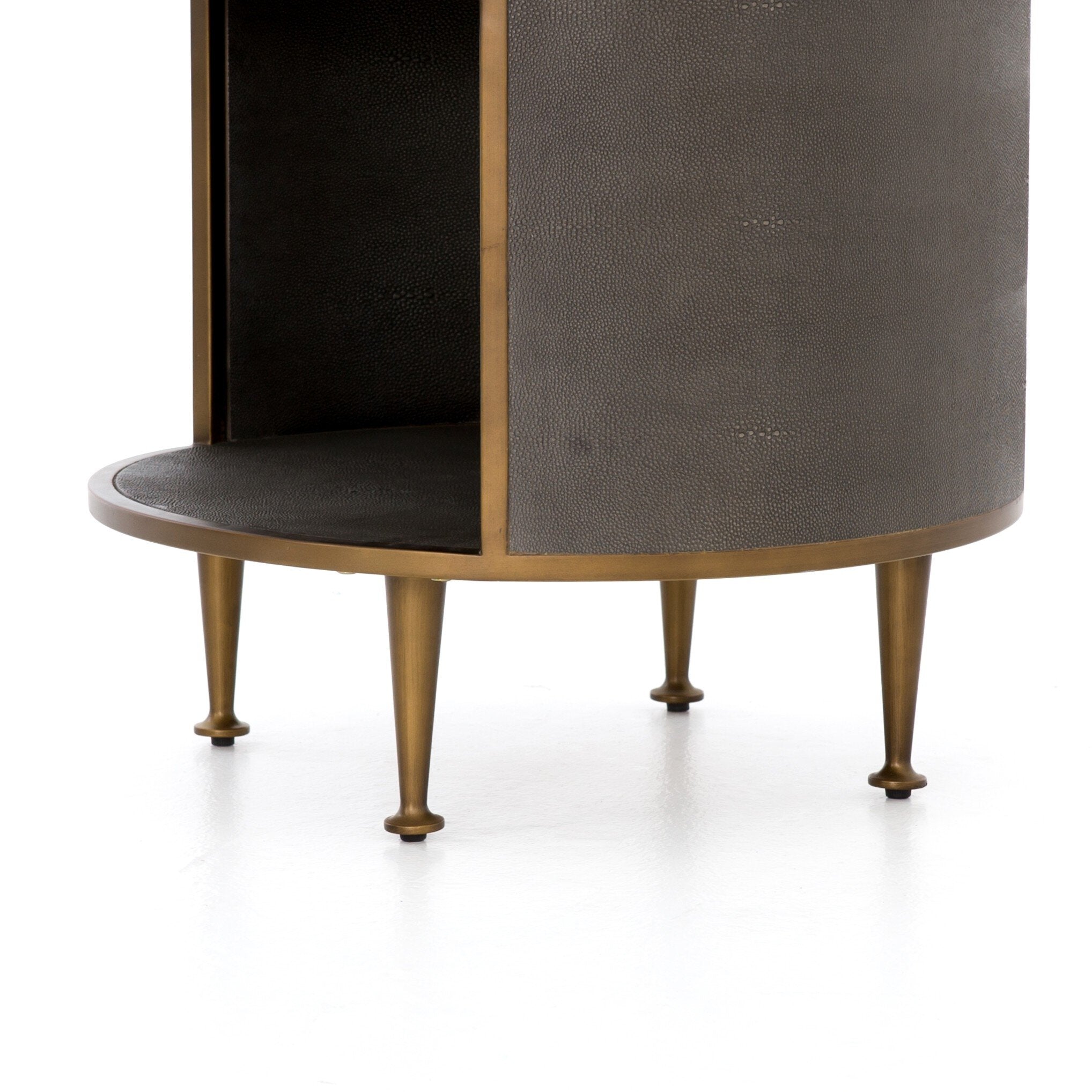 Round wooden table with dark brown top and gold legs on a white background.