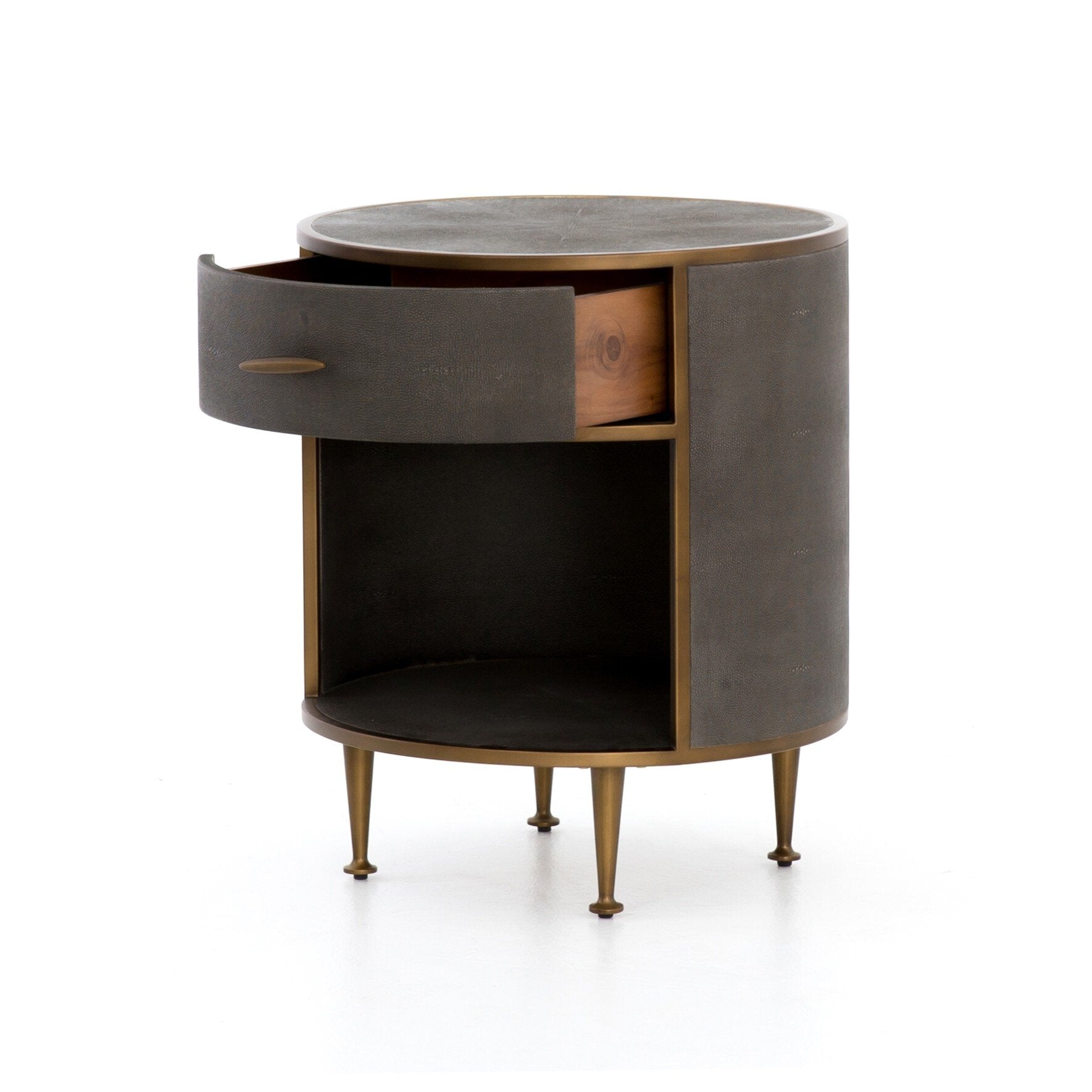 Round nightstand with a drawer and bronze legs on a white background.