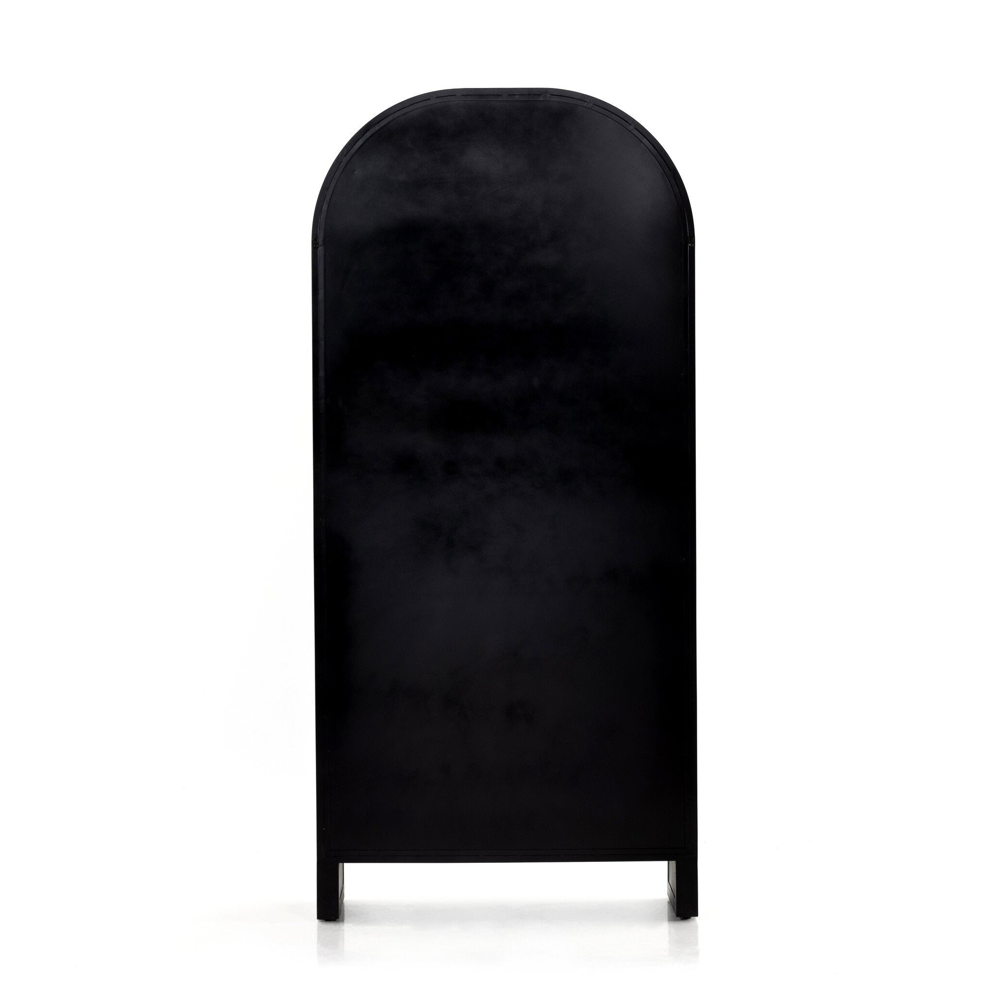 Black-finished iron arched cabinet with glass front doors. 