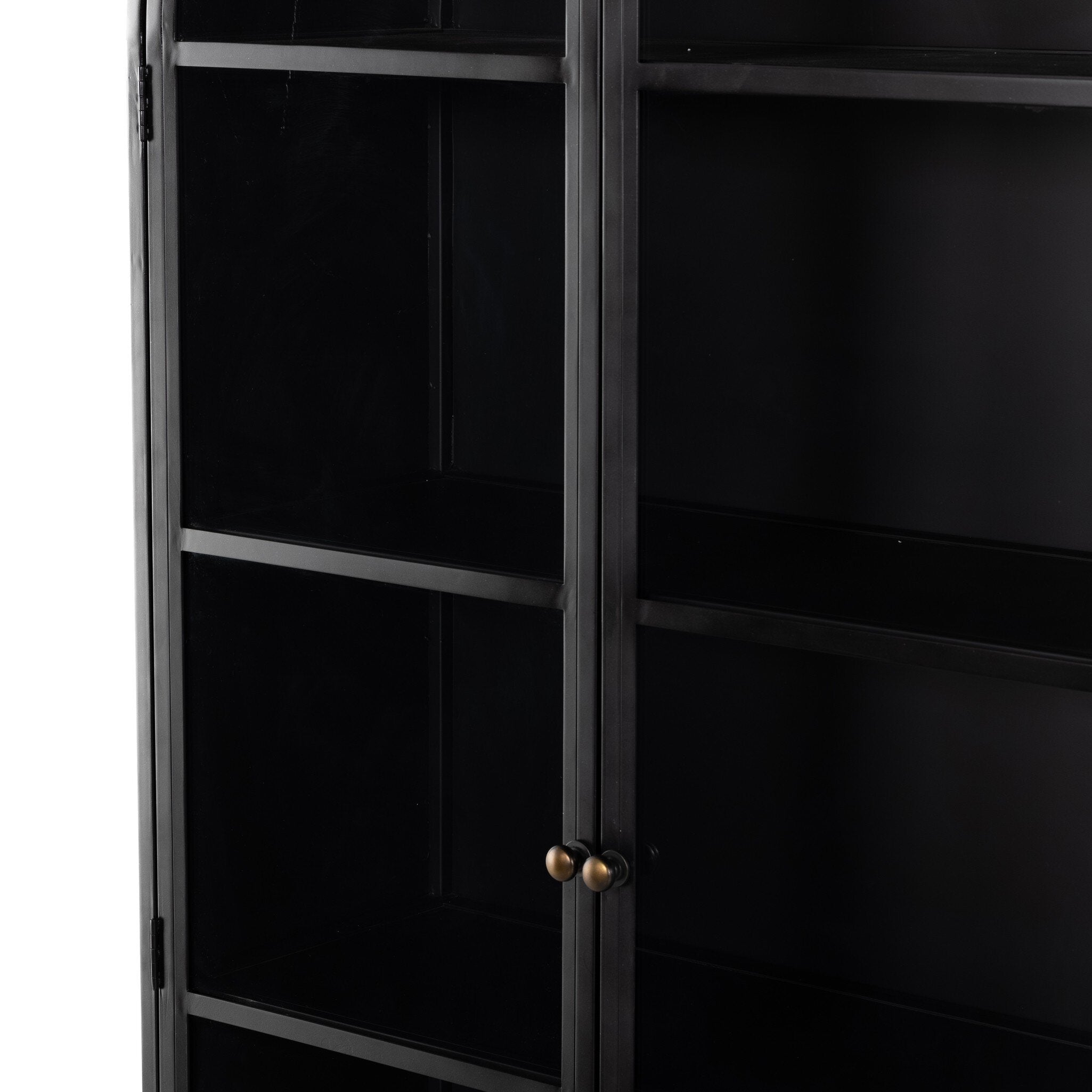 Black-finished iron arched cabinet with glass front doors. 