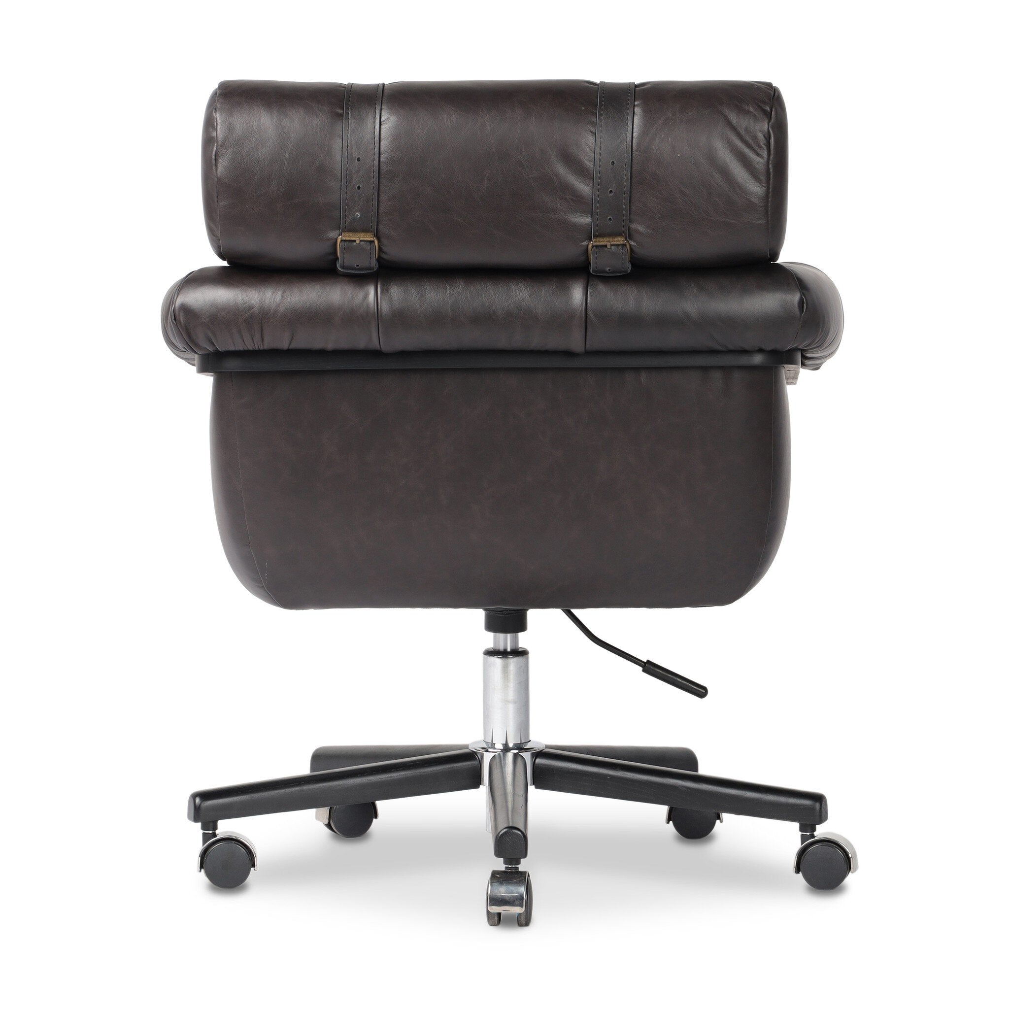 Tufted black leather desk chair with a chrome and black base on a white background. 