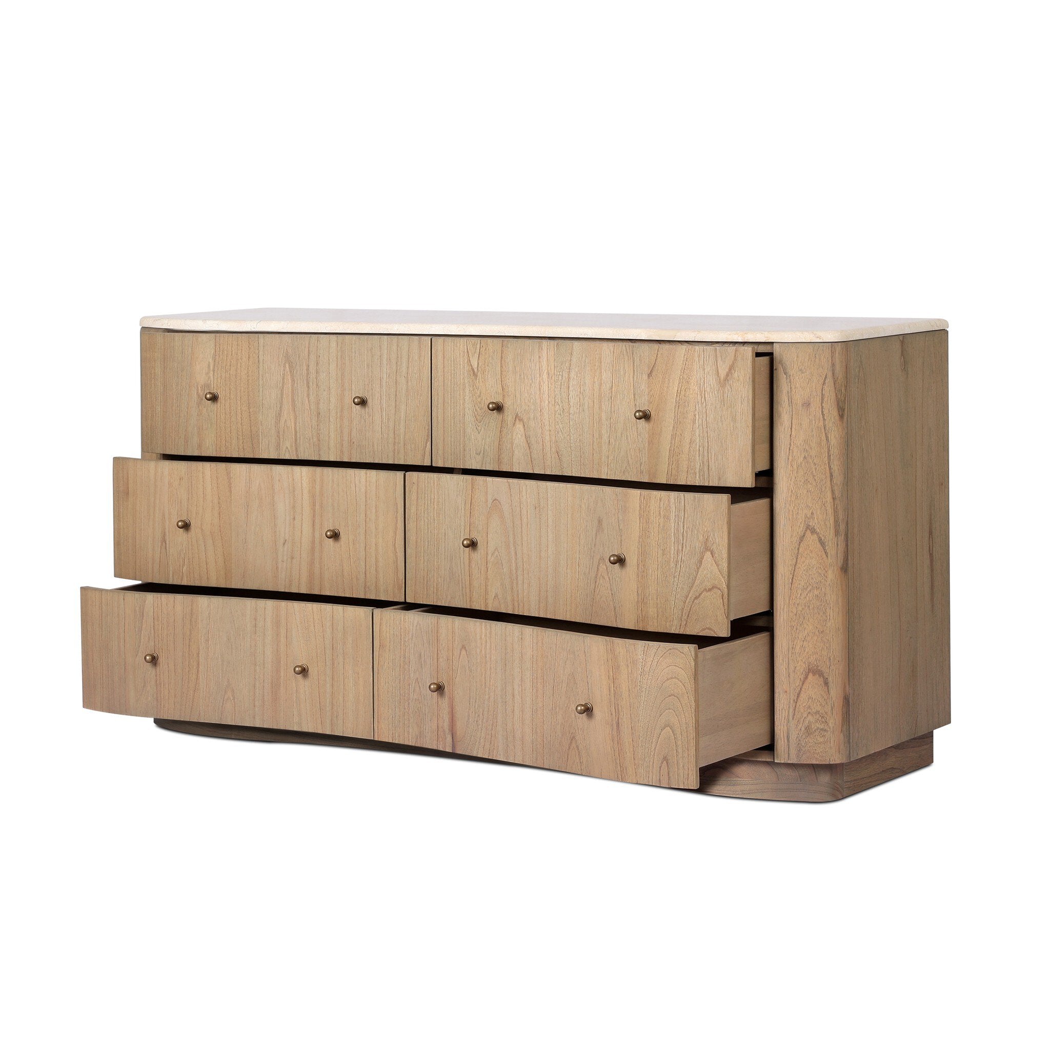 Wooden dresser with six drawers on a white background.