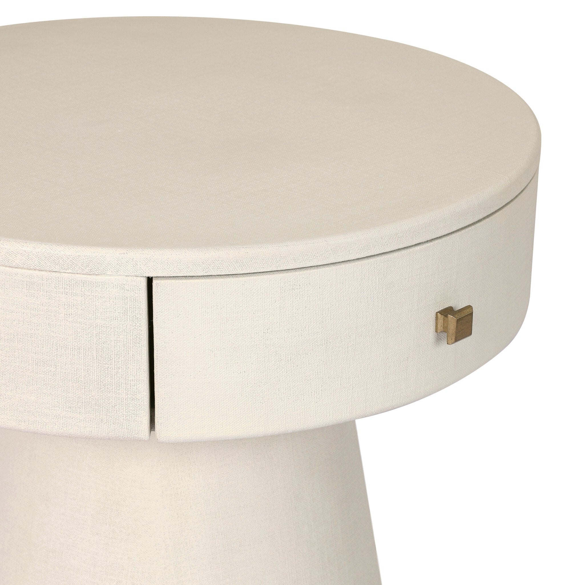 Round nightstand with a single drawer on a white background.
