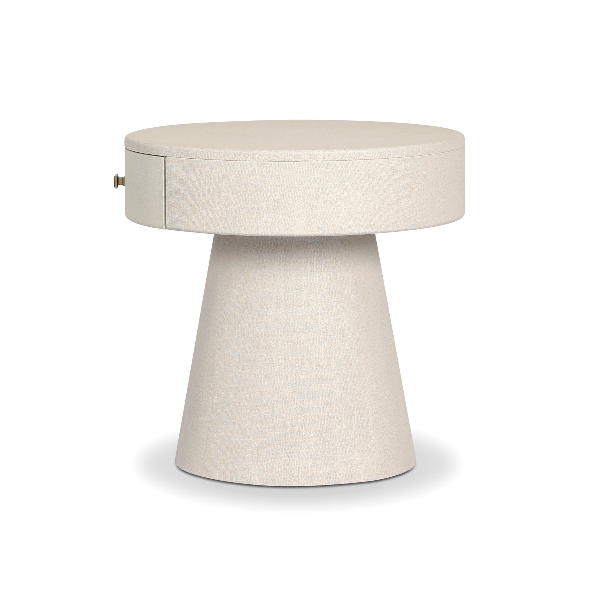 Round nightstand with a single drawer on a white background.