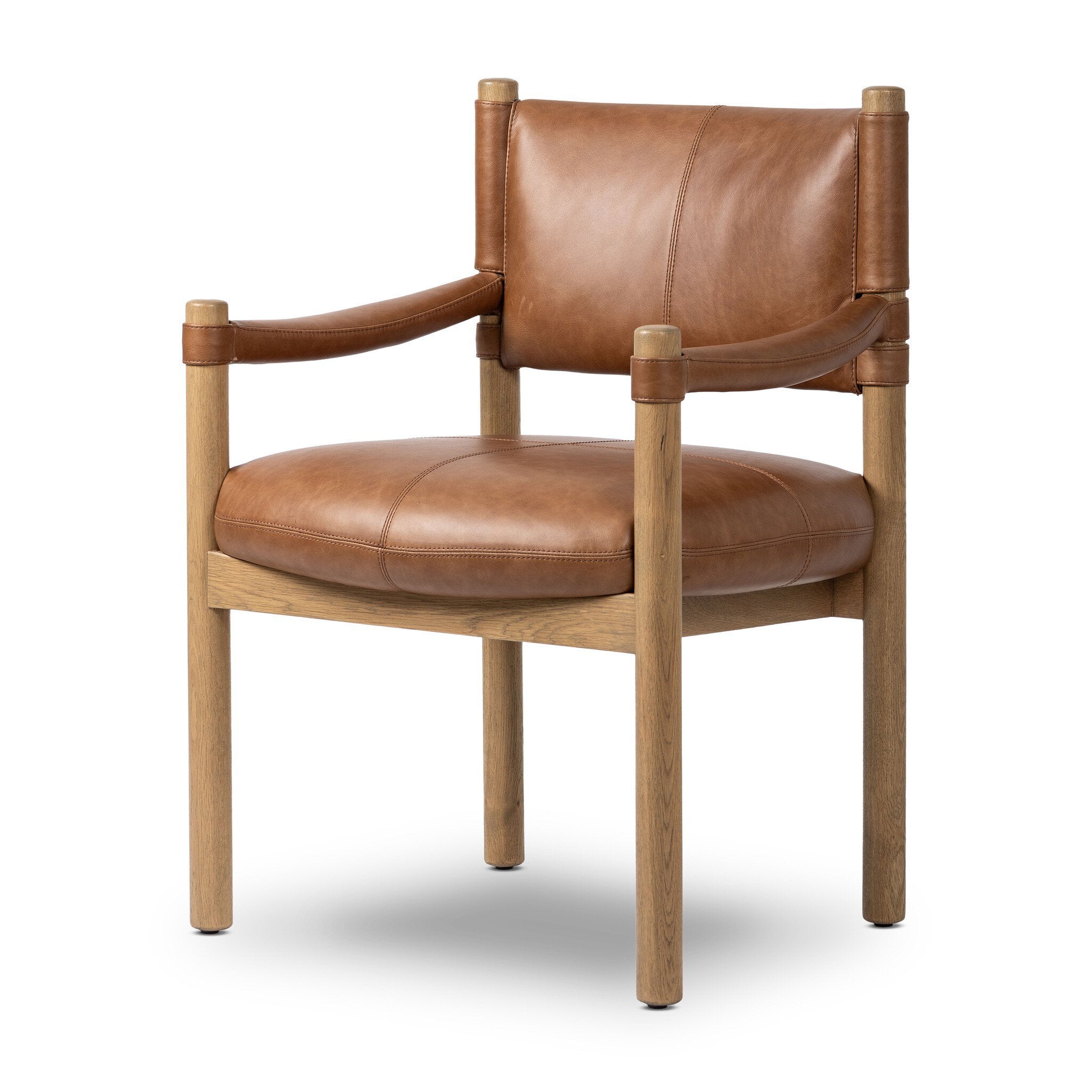 Brown leather dining armchair with wooden frame on a white background.