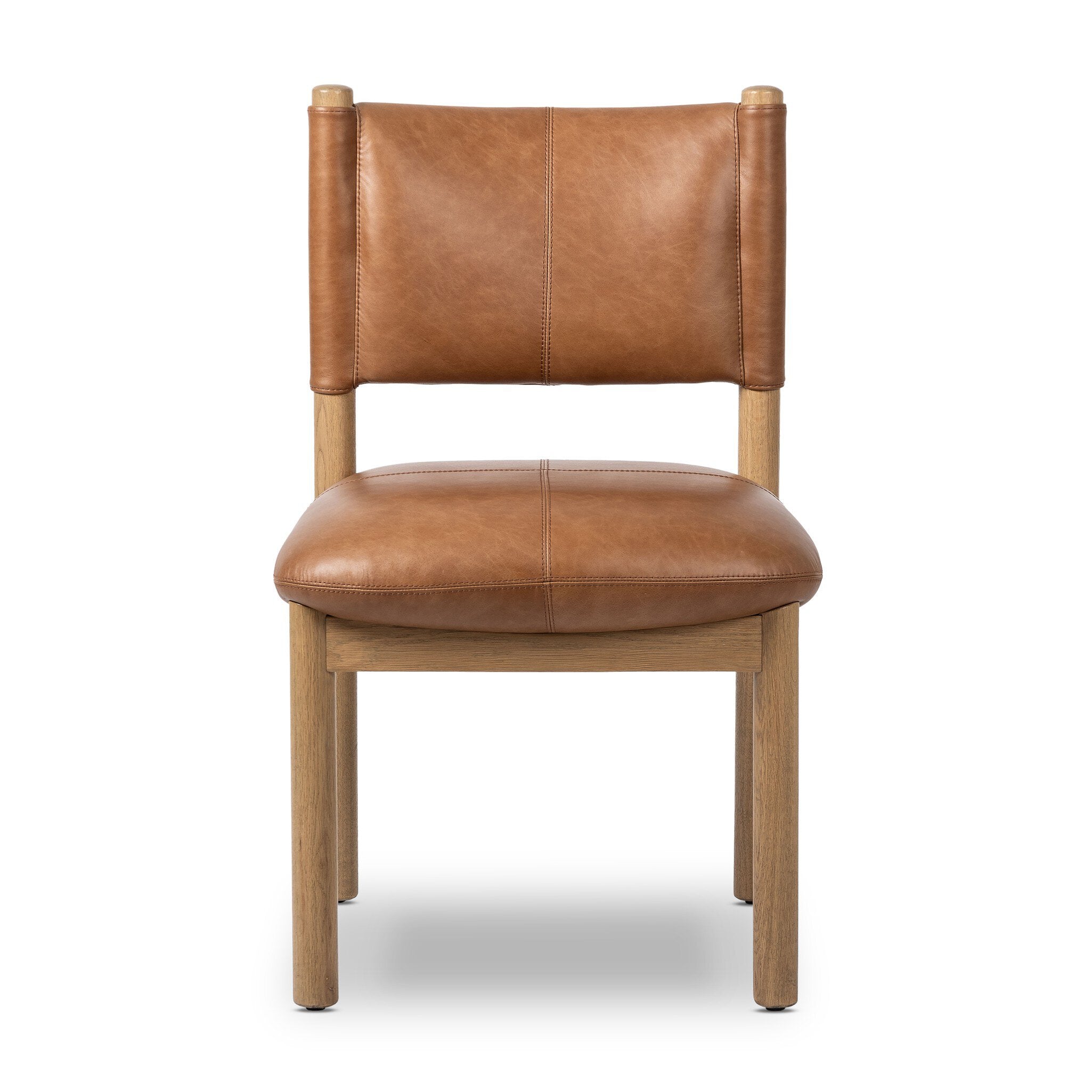 Brown leather dining chair with wooden frame on a white background.