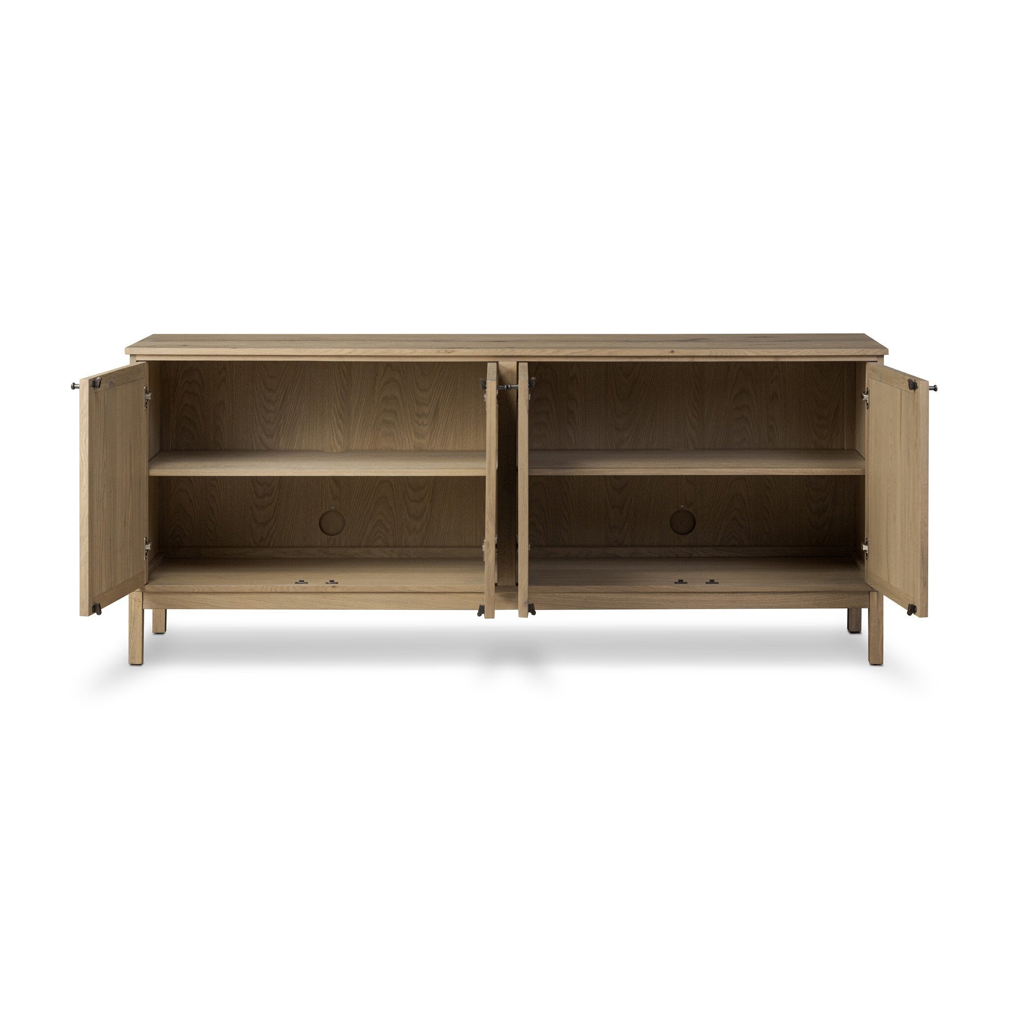 Wooden sideboard with open doors on a white background