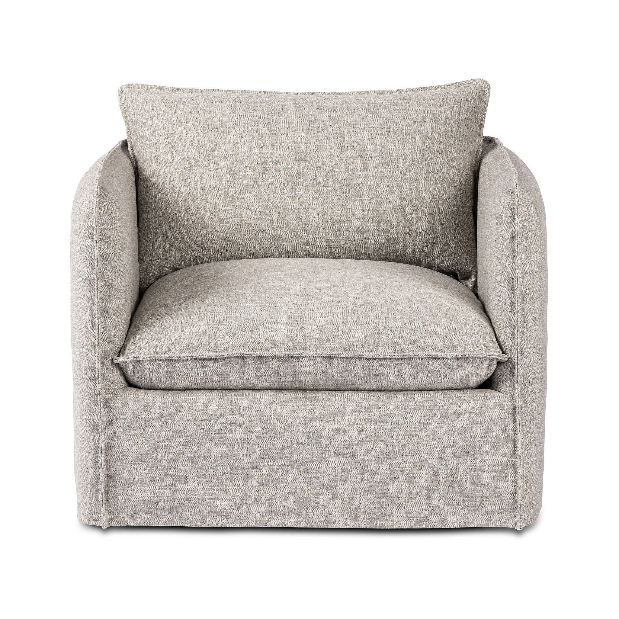 Neutral gray outdoor swivel armchair with a pillow on a white background.