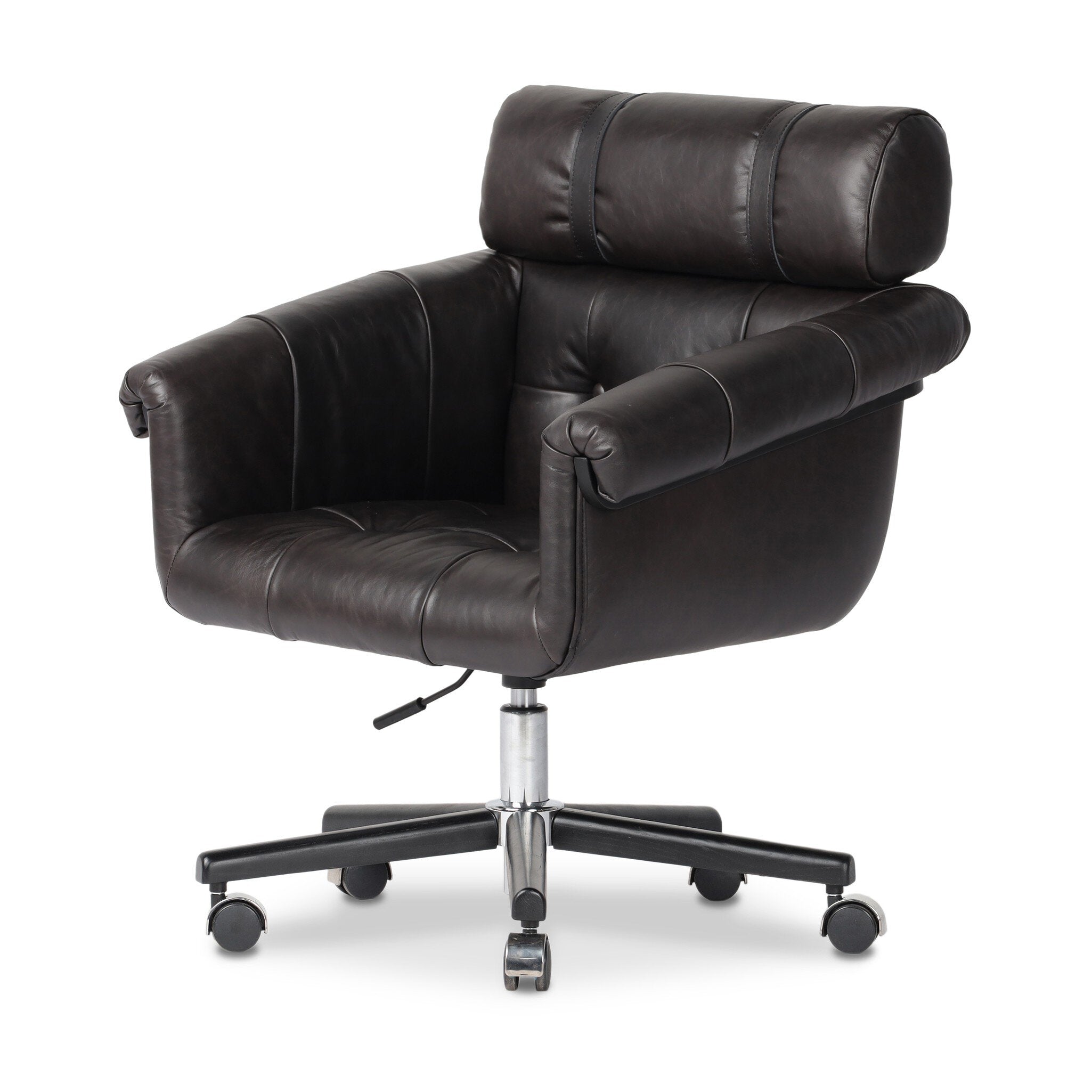 Tufted black leather desk chair with a chrome and black base on a white background. 