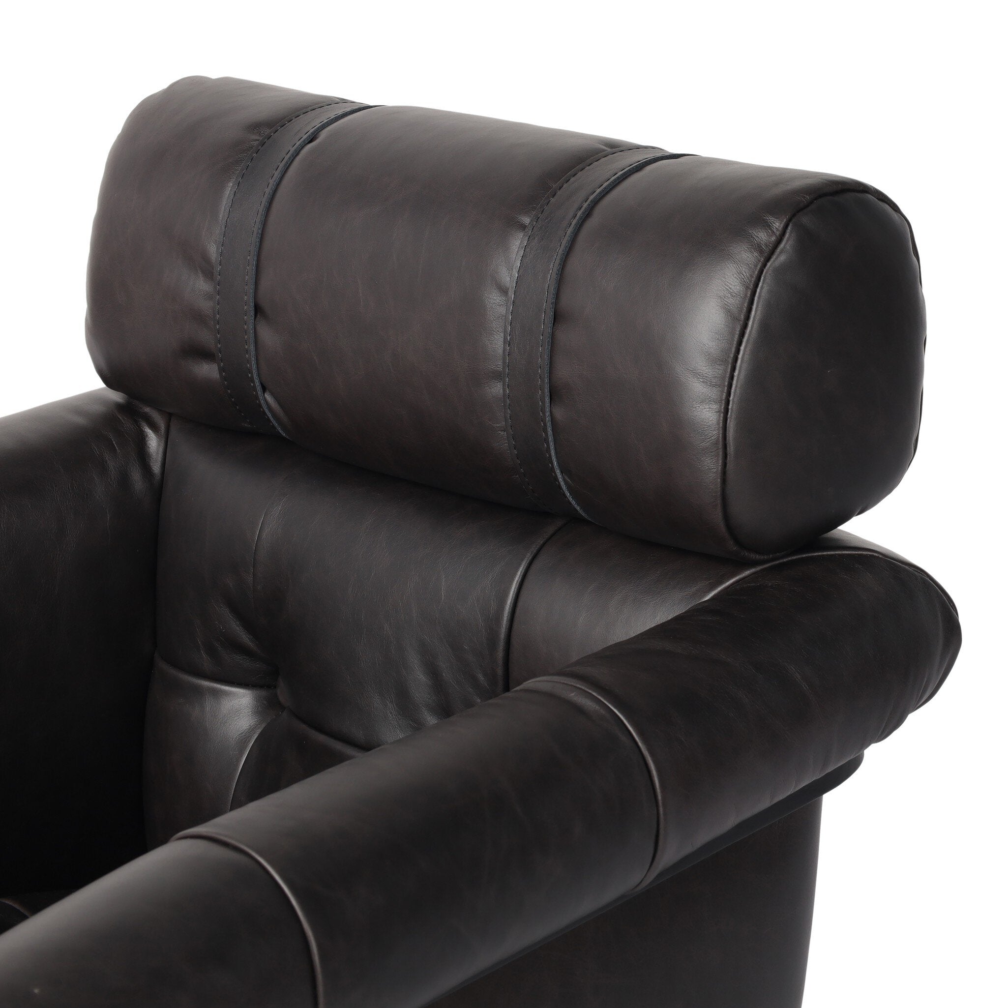 Tufted black leather desk chair with a chrome and black base on a white background. 