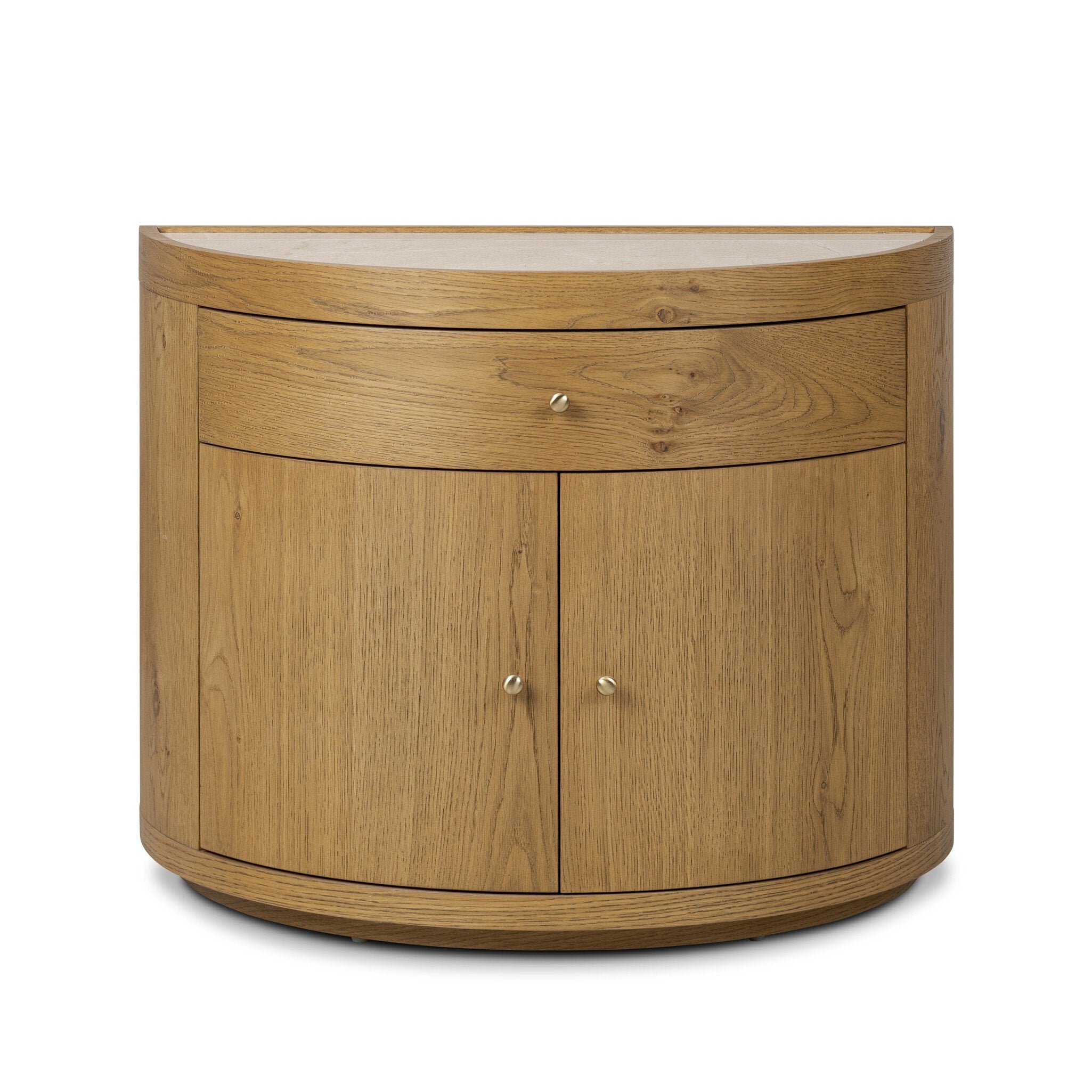 Crescent style night stand with doors and cream marble top. 